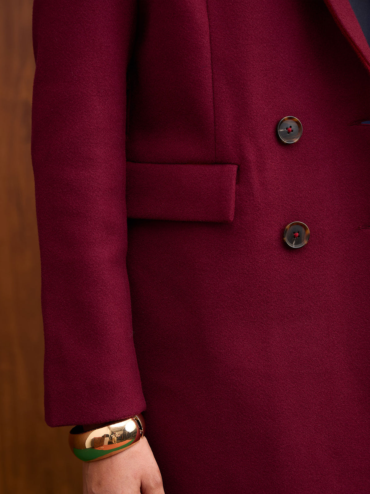 Nevara Double Breasted Longline Belted Coat-Burgundy