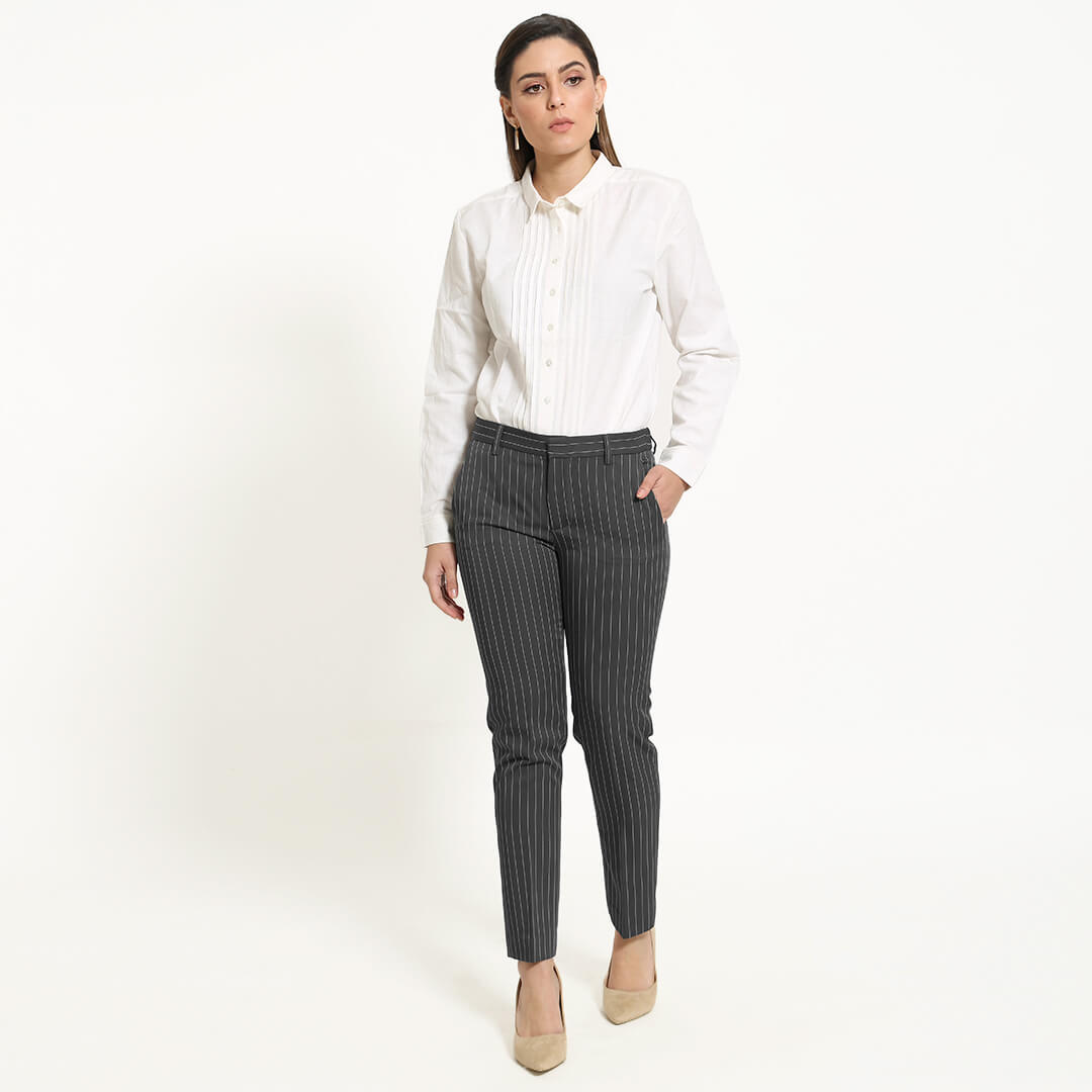 Pewter Cigarette Fit Pants - Black striped