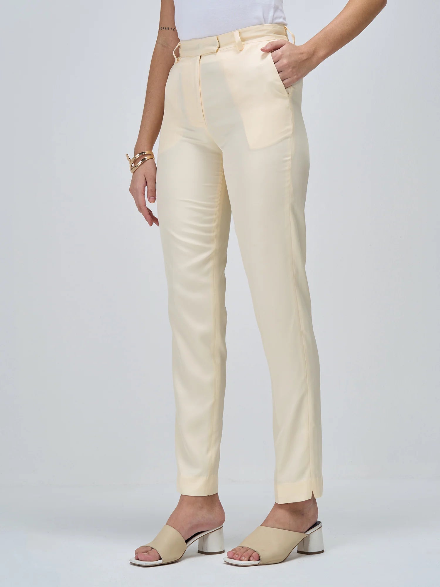 Buy Lumi Mid Rise Slim Fit Trousers Cream Color Pants for Women SALT Attire