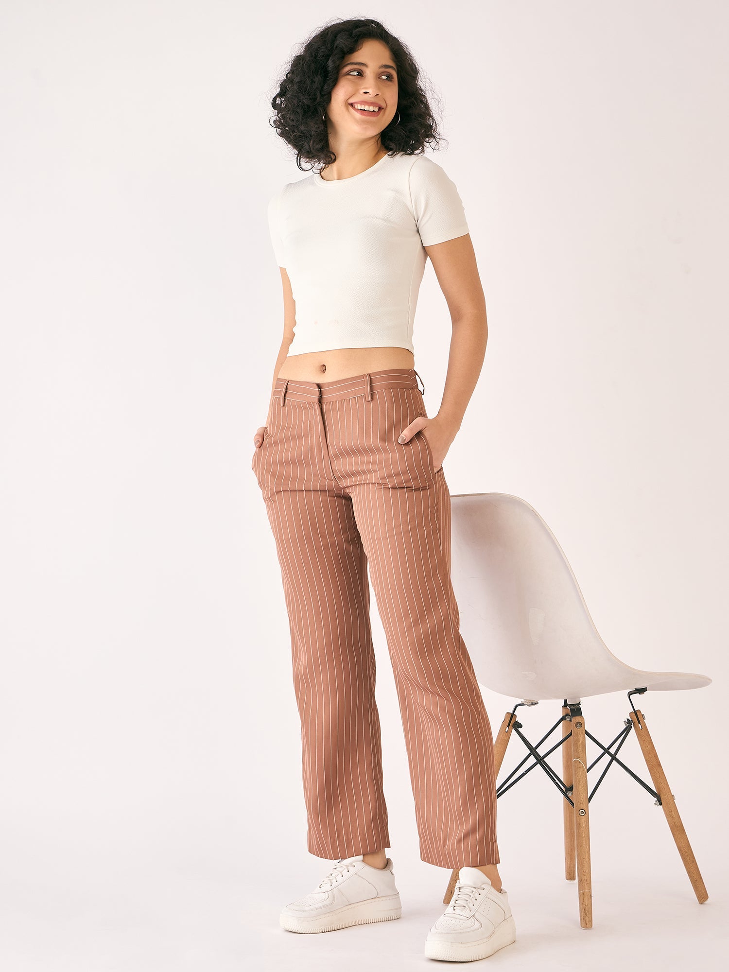 Tirana Striped Mid Rise Straight Trousers-Brown/White