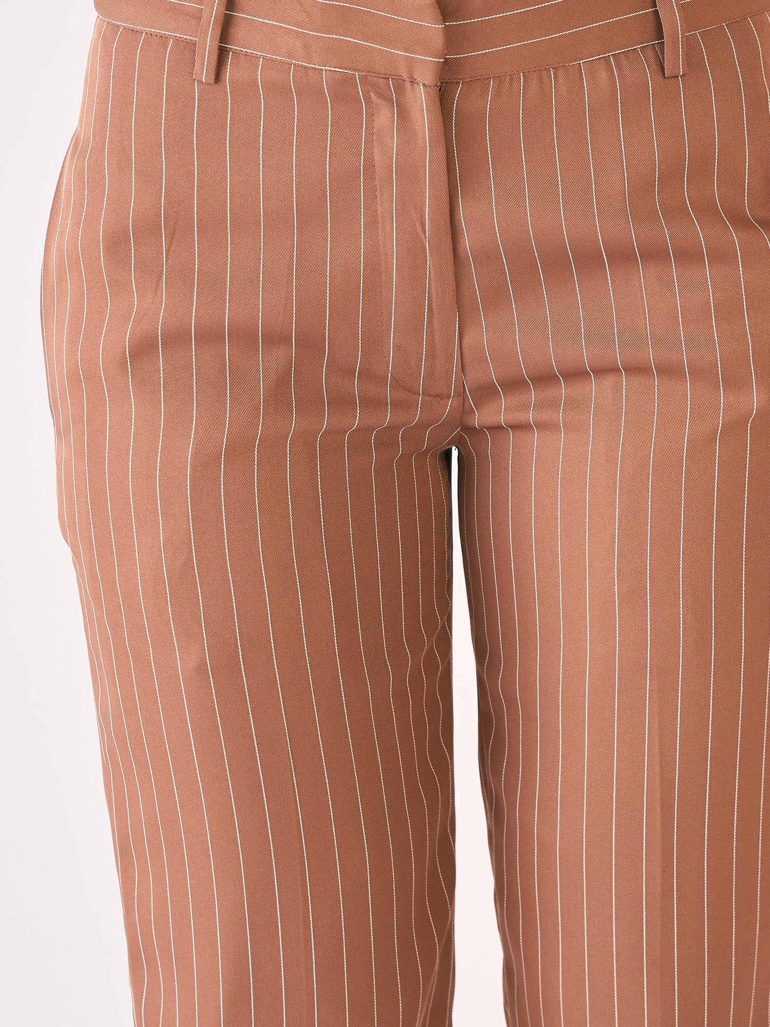 Tirana Striped Mid Rise Straight Trousers-Brown/White