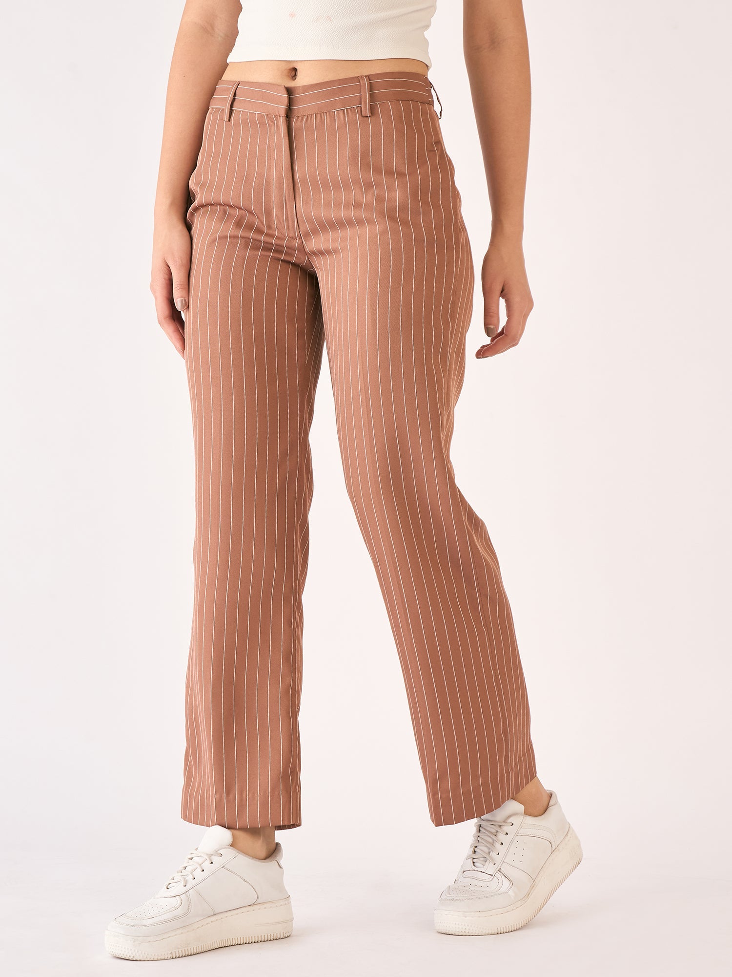Tirana Striped Mid Rise Straight Trousers-Brown/White