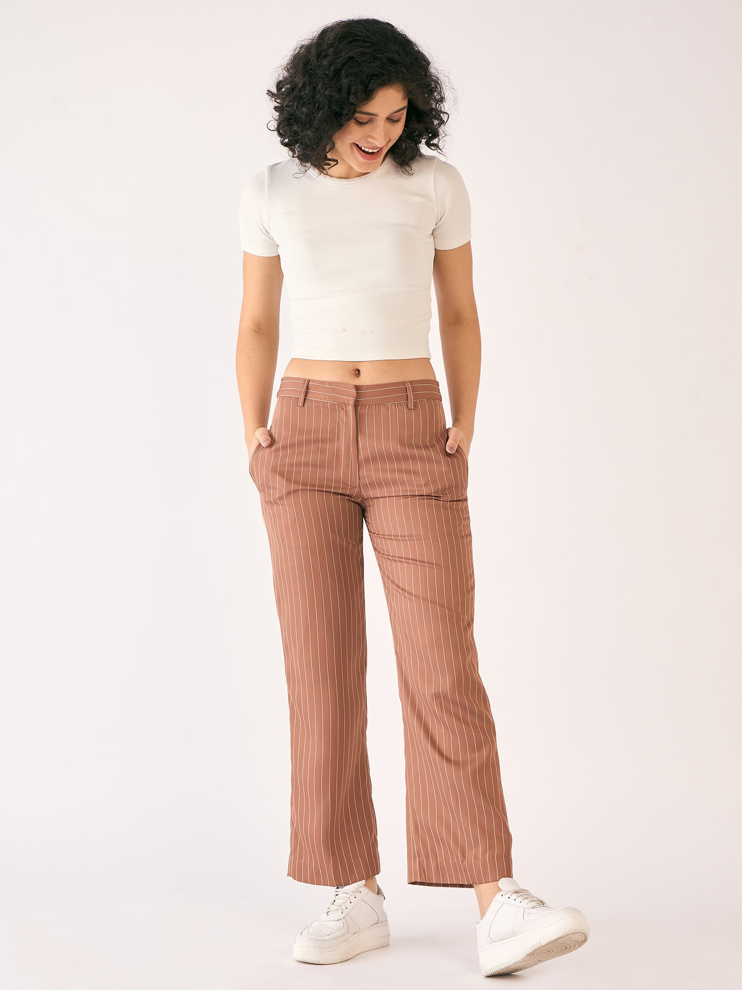 Tirana Striped Mid Rise Straight Trousers-Brown/White