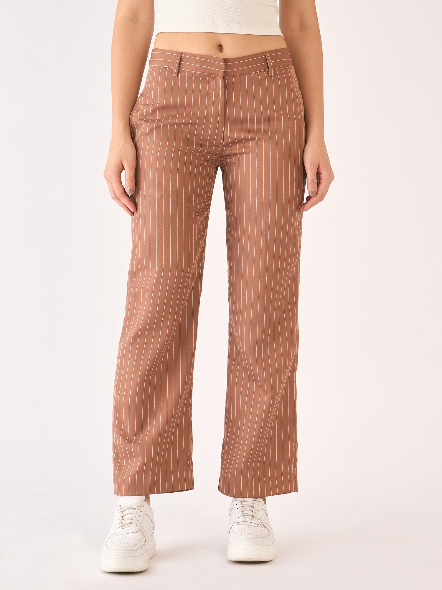 Tirana Striped Mid Rise Straight Trousers-Brown/White