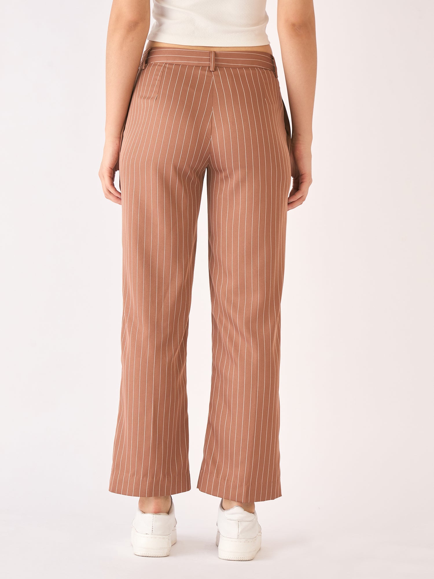 Tirana Striped Mid Rise Straight Trousers-Brown/White