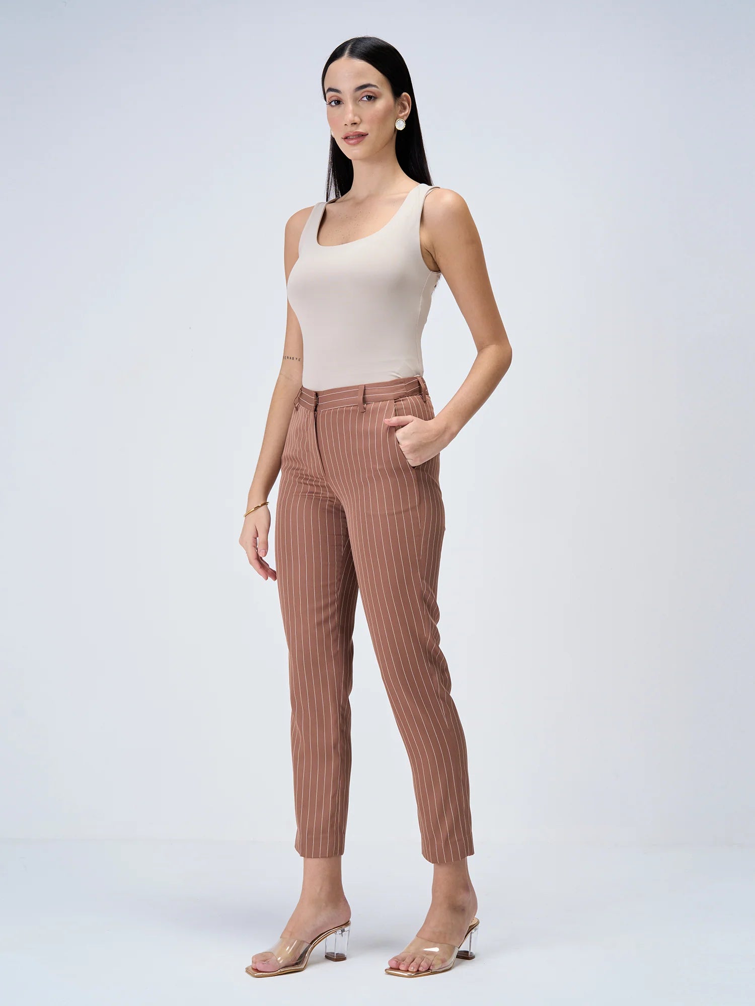 Earnest Striped Mid Rise Pants-Brown Stripe