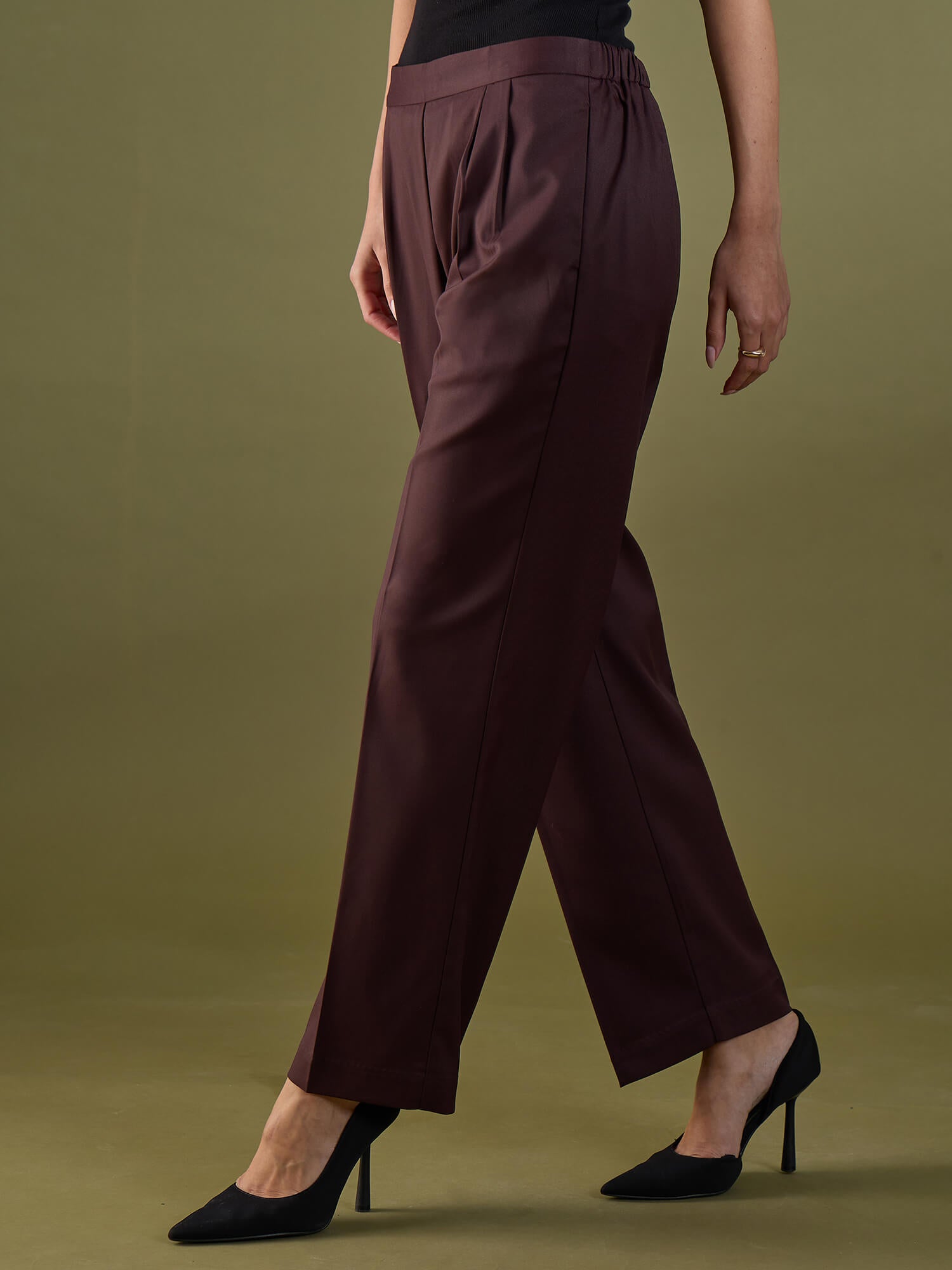 Cairen Pleated Pull-on Pants-Chocolate Brown