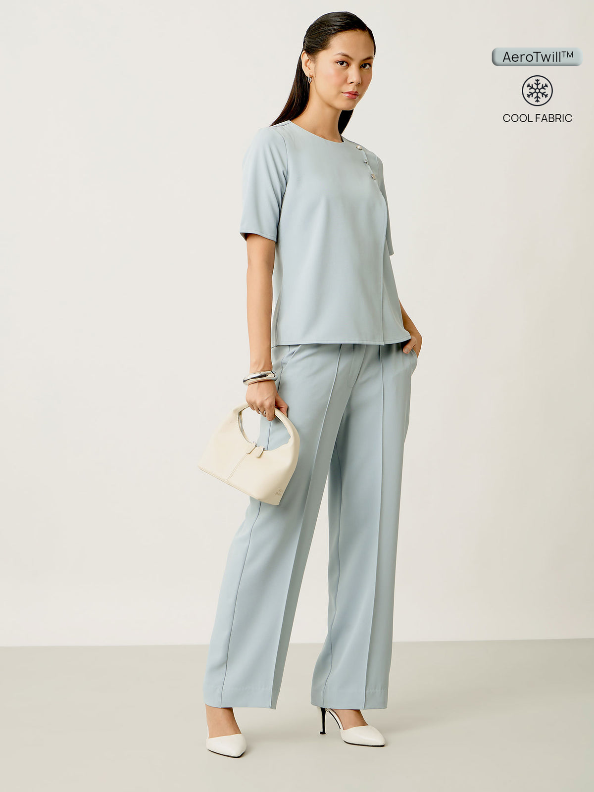 Isla Straight Fit Pants With Button Tab Detailing-Slate Blue