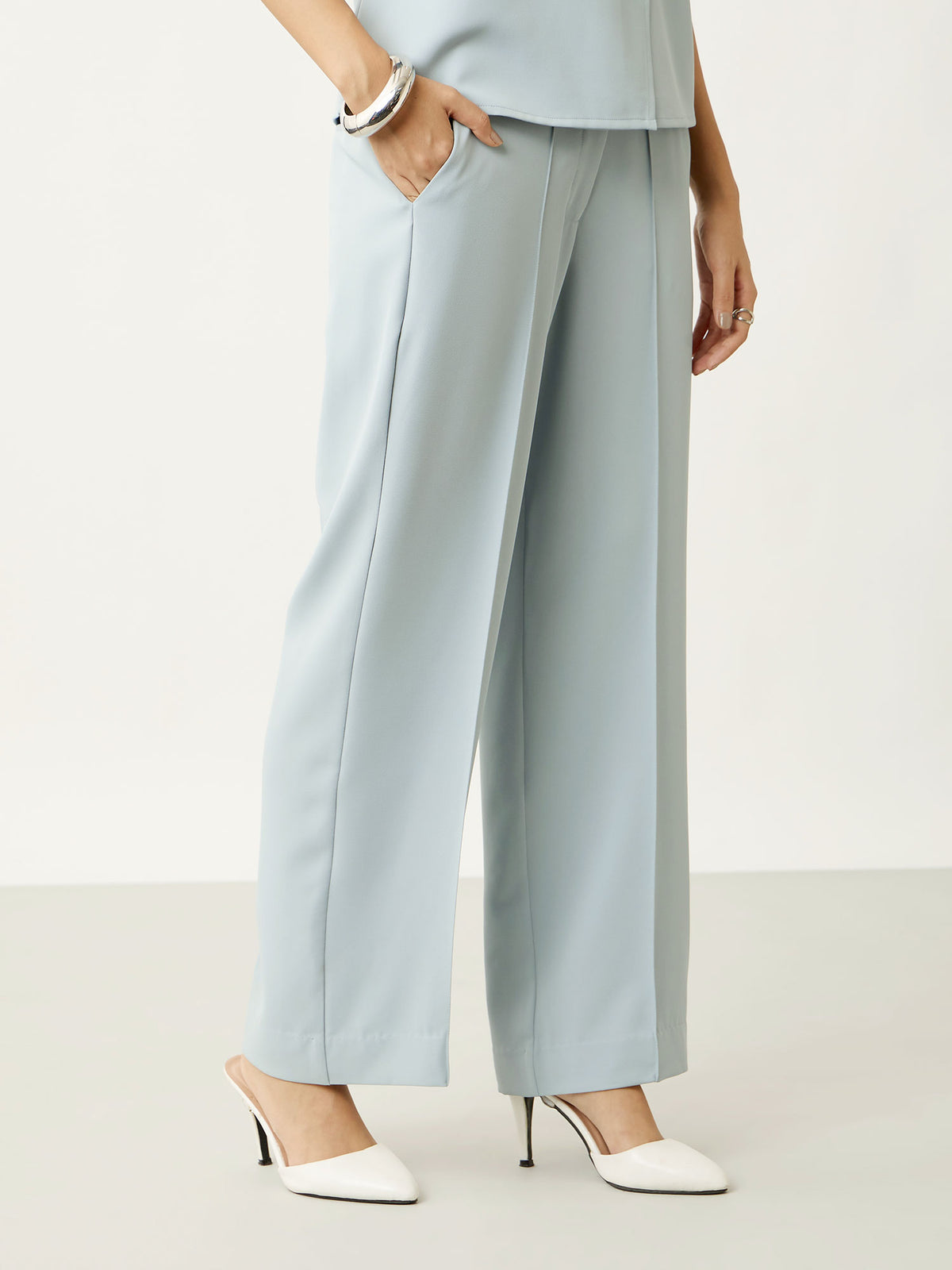 Isla Straight Fit Pants With Button Tab Detailing-Slate Blue