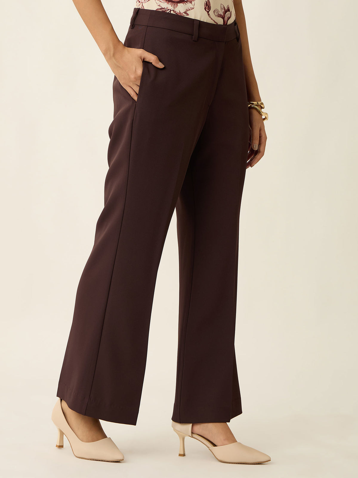 Courteous Flared Mid Rise Pants-Brown