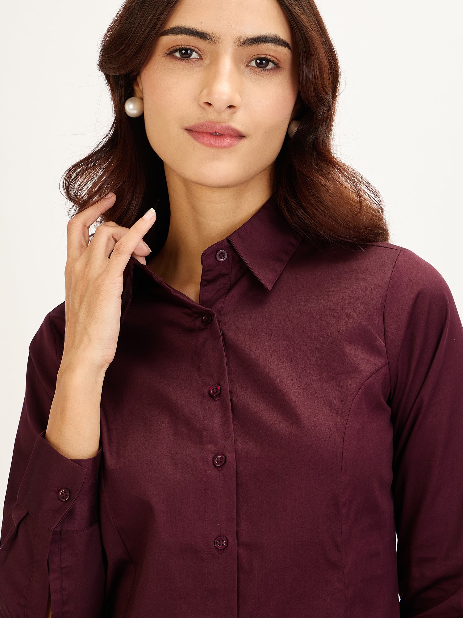 Perfect-Plum Princess Seam Contrast Detail Shirt - Plum