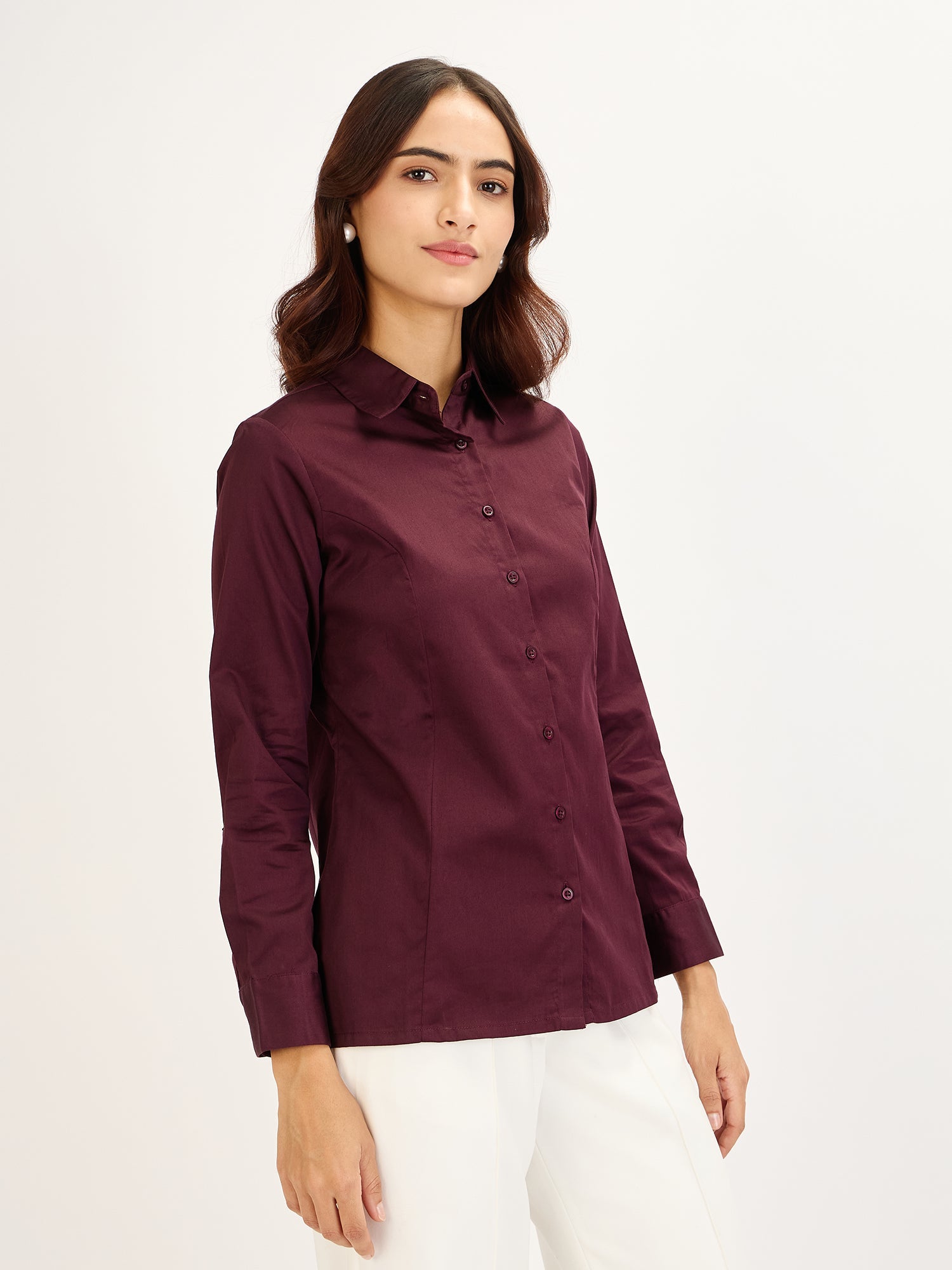 Perfect-Plum Princess Seam Contrast Detail Shirt - Plum