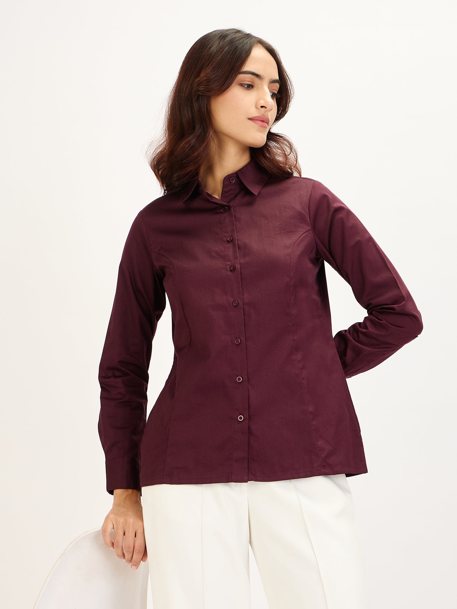 Perfect-Plum Princess Seam Contrast Detail Shirt - Plum
