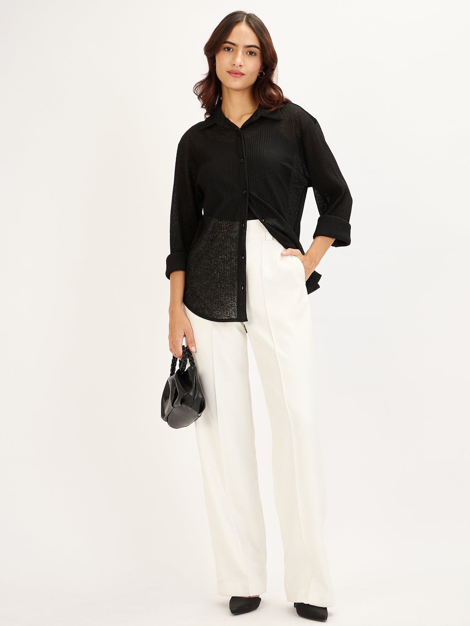 Wren Plisse Button Down Shirt-Black
