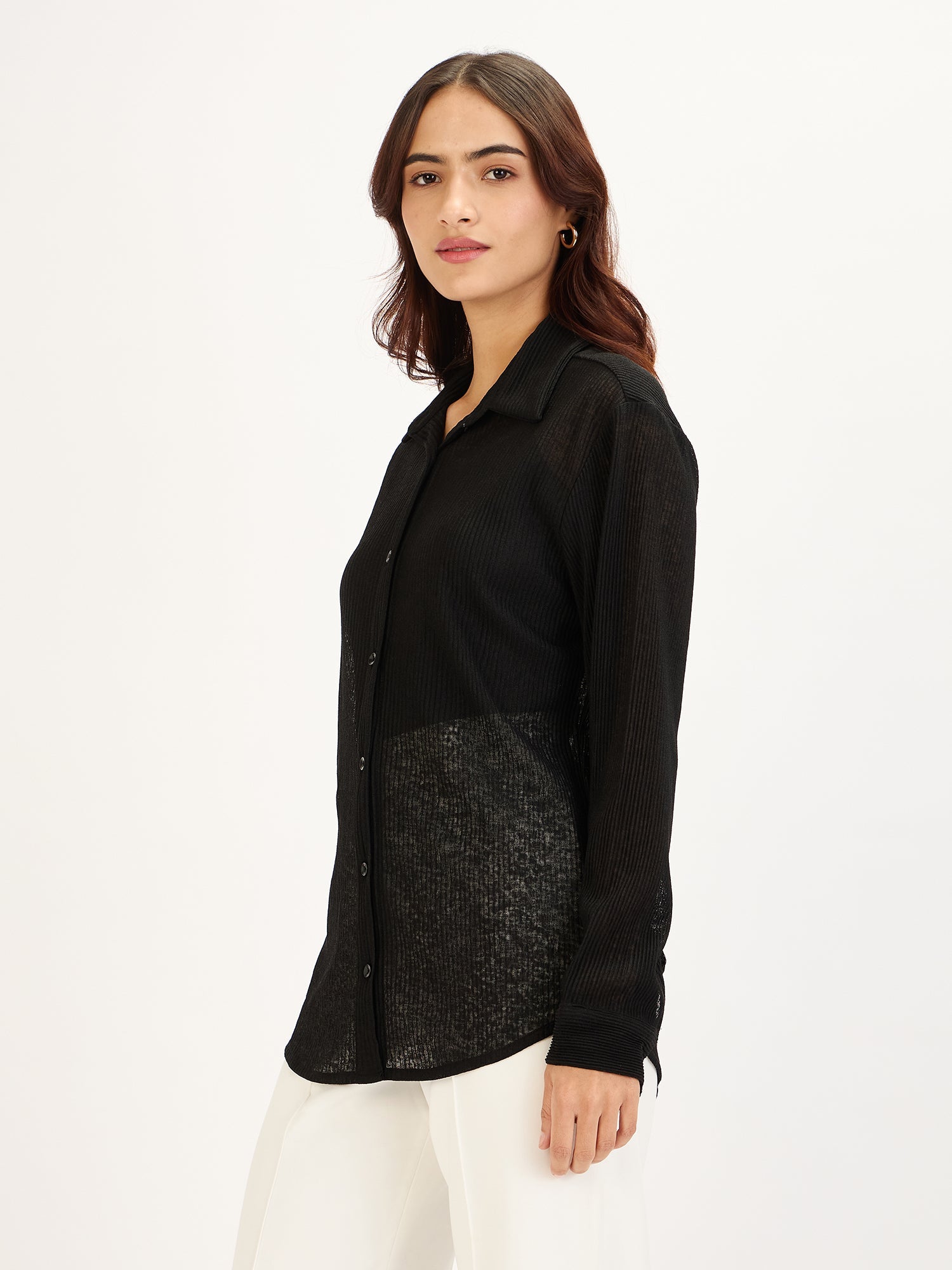 Wren Plisse Button Down Shirt-Black