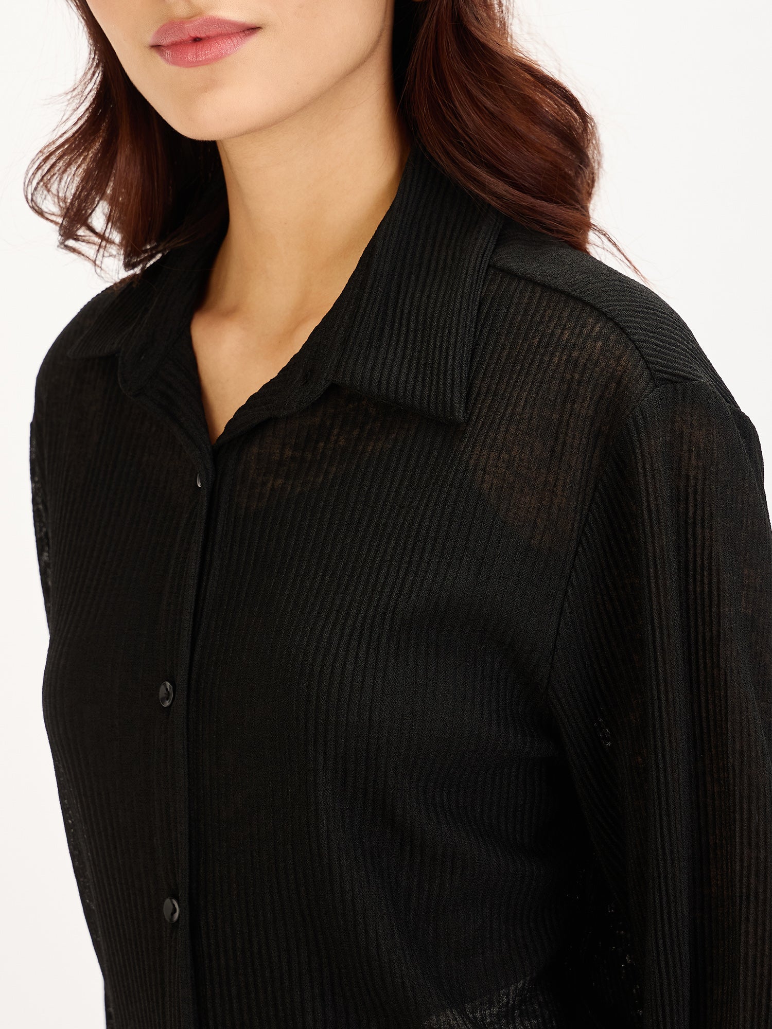 Wren Plisse Button Down Shirt-Black