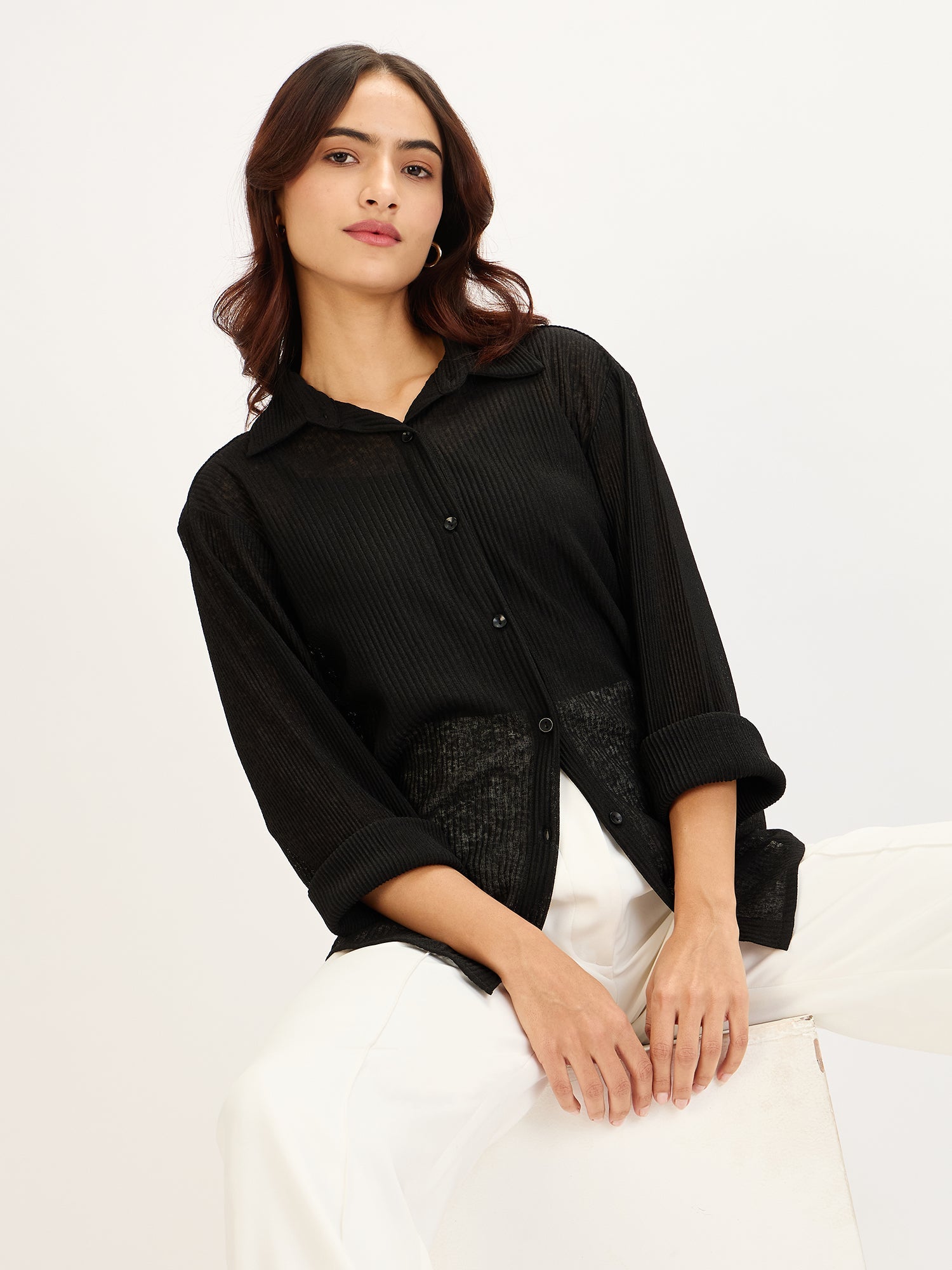 Wren Plisse Button Down Shirt-Black