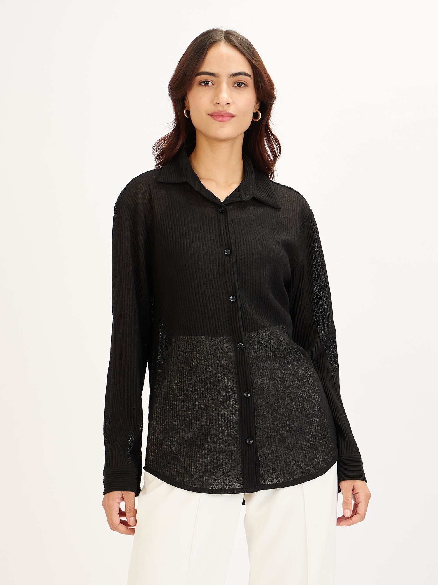 Wren Plisse Button Down Shirt-Black