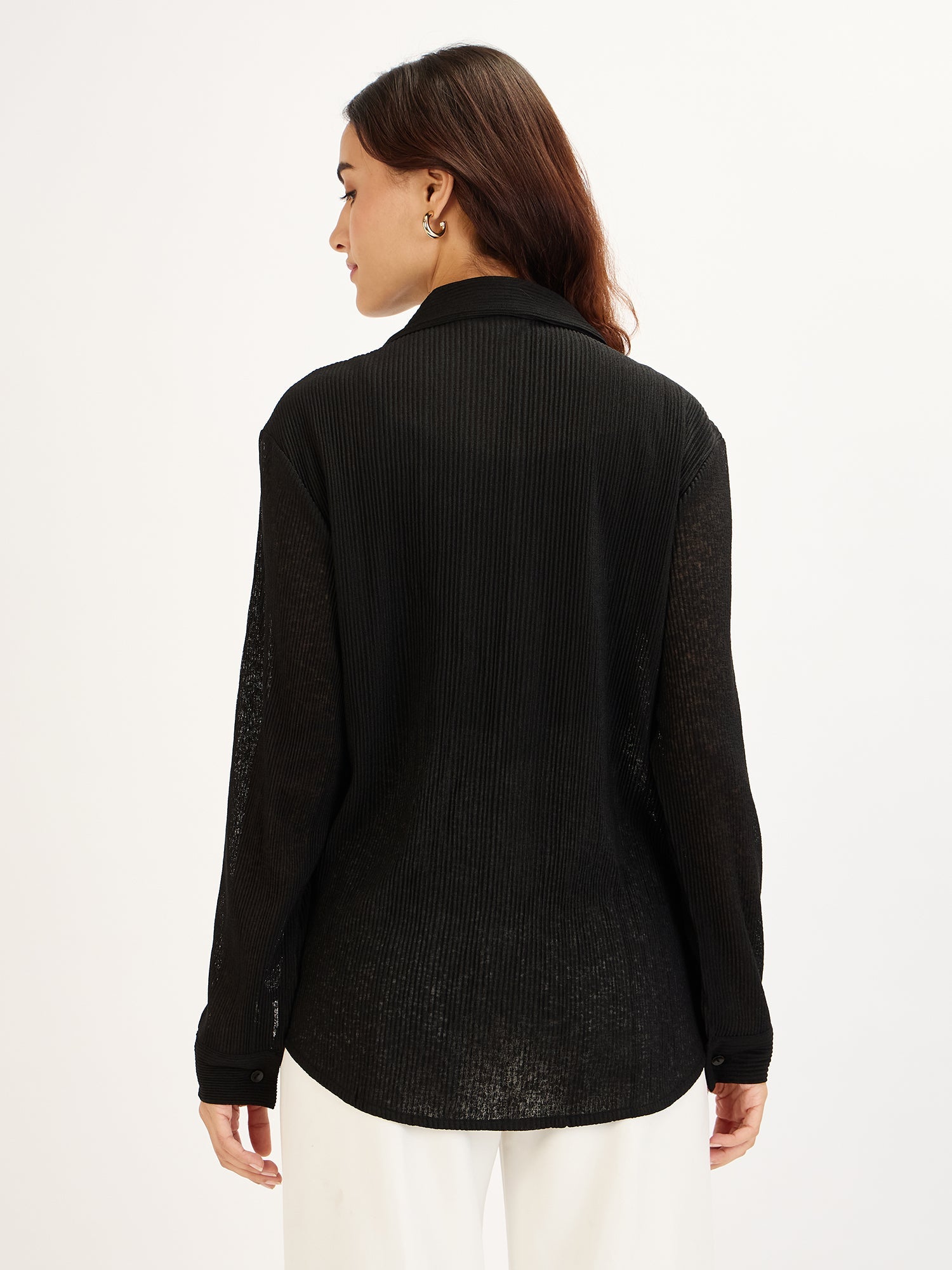 Wren Plisse Button Down Shirt-Black