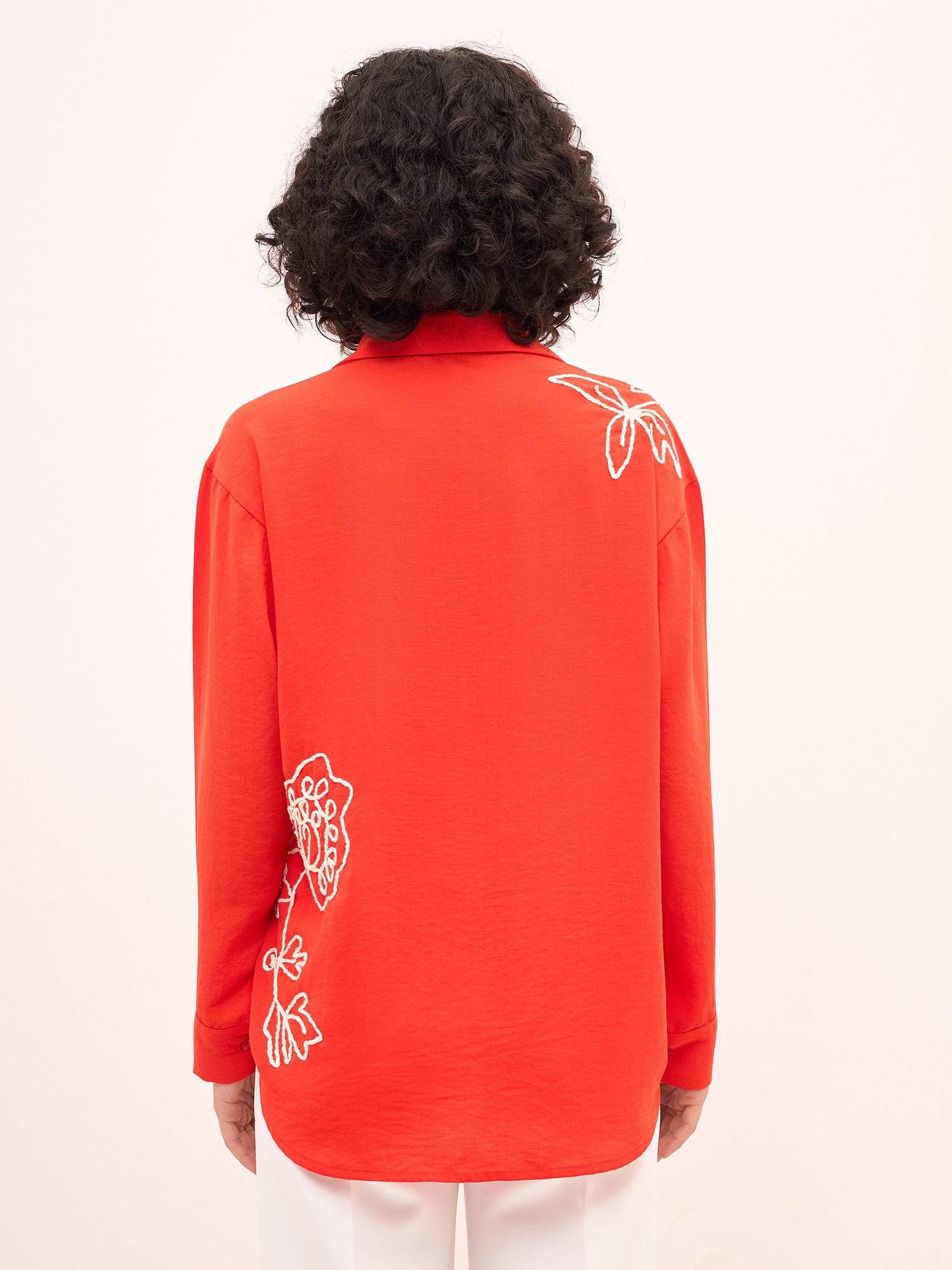Artisanal-Tangerine Embroidered Button Down Shirt -Red