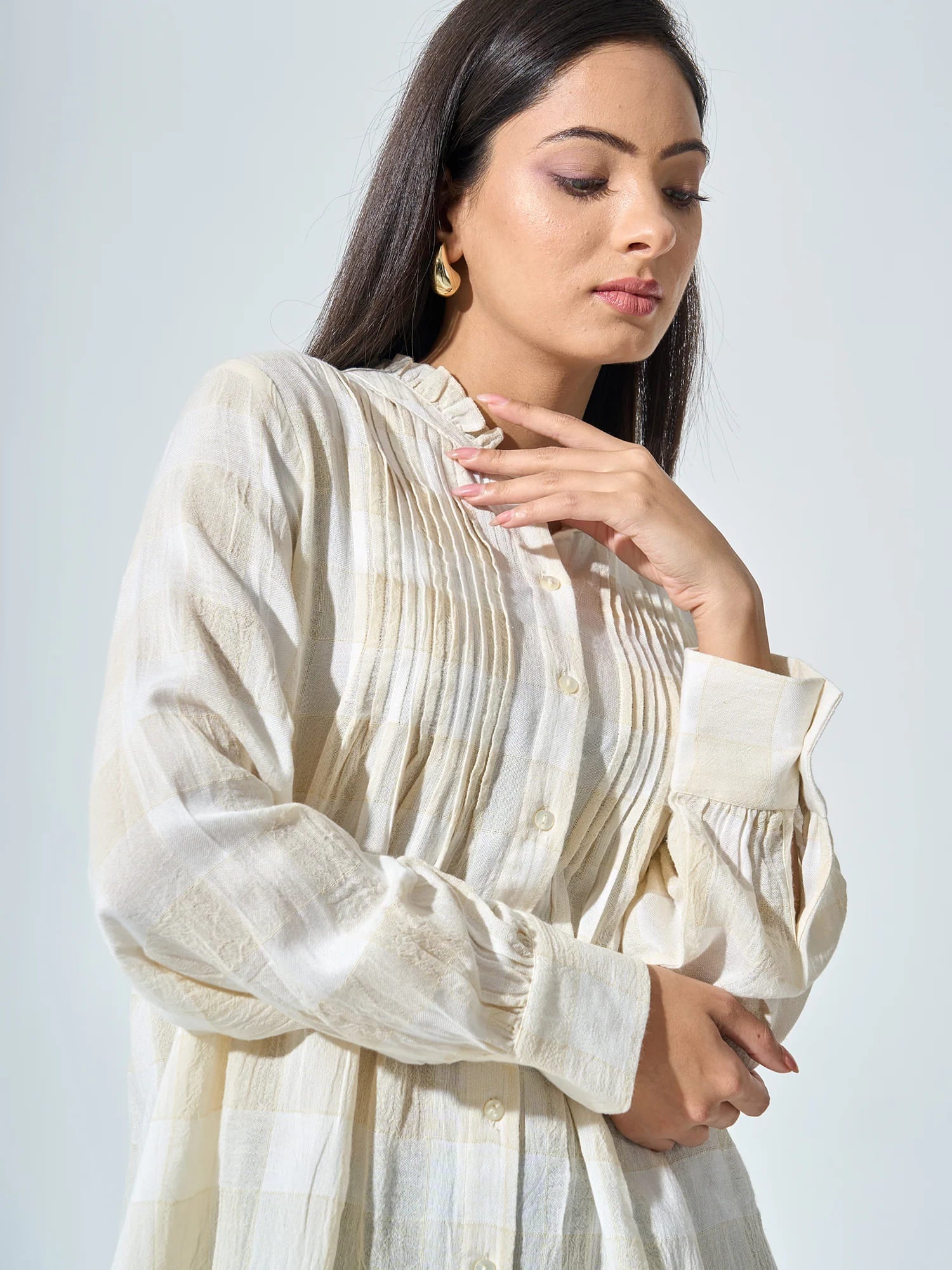 Elysia Check Pintuck Detail Shirt - off White