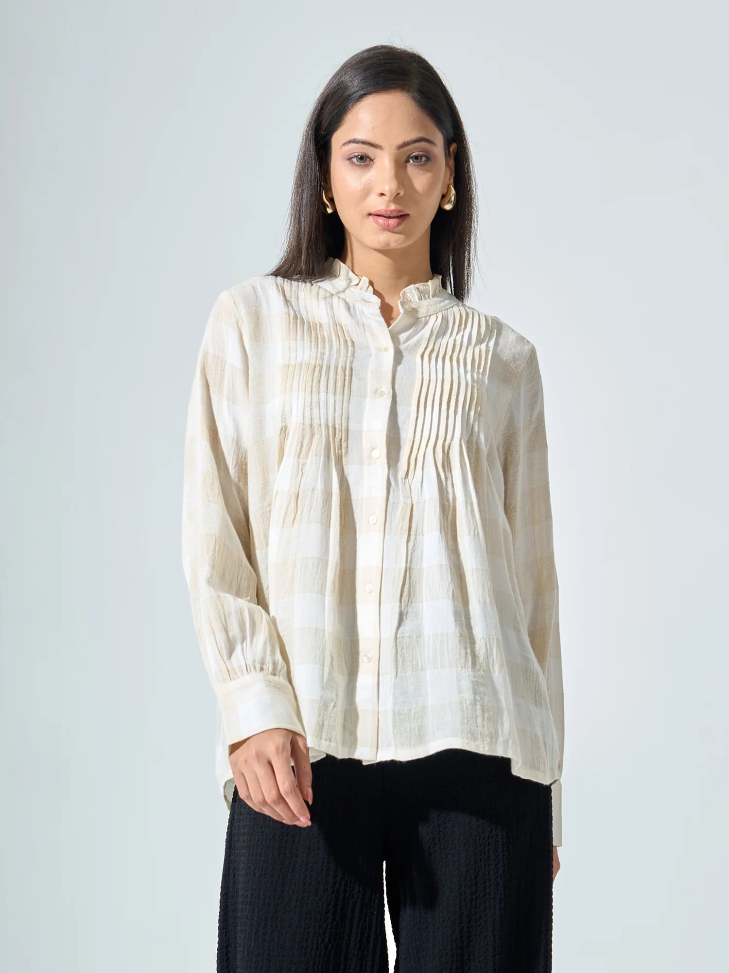 Elysia Check Pintuck Detail Shirt - off White