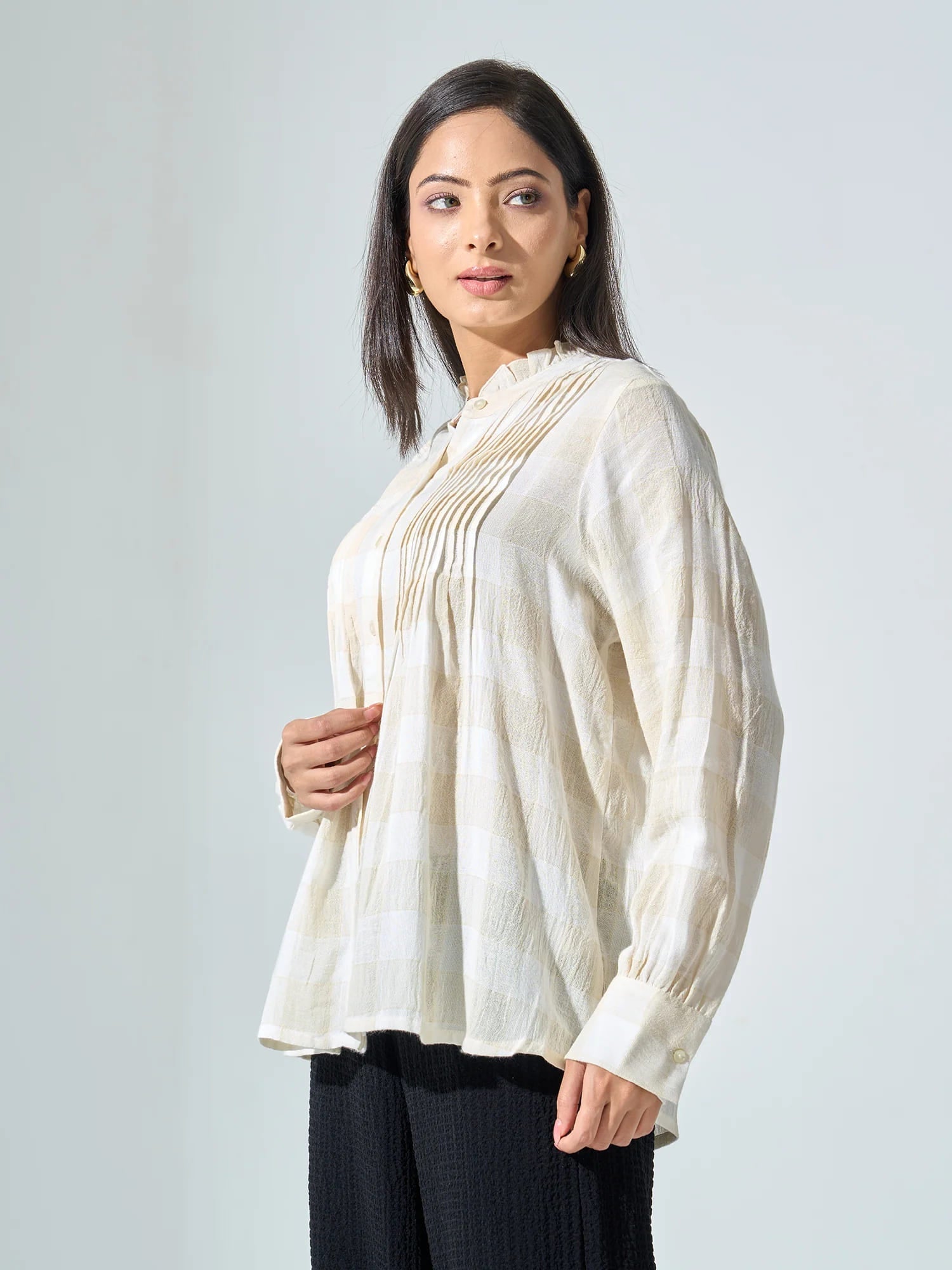 Elysia Check Pintuck Detail Shirt - off White