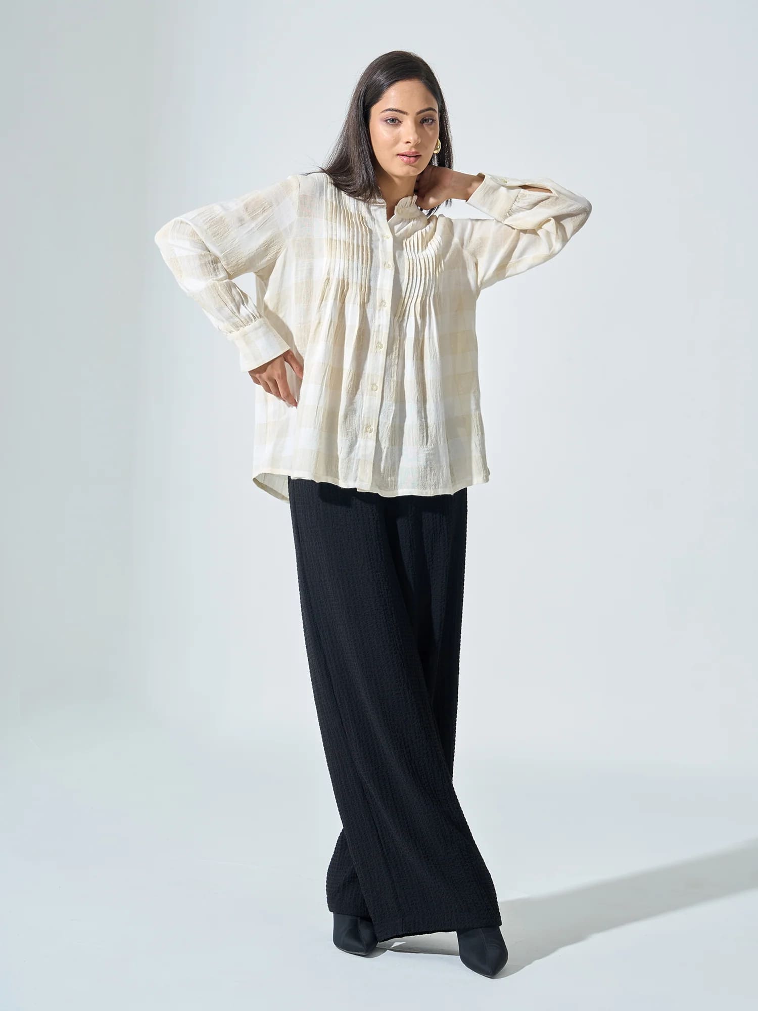 Elysia Check Pintuck Detail Shirt - off White