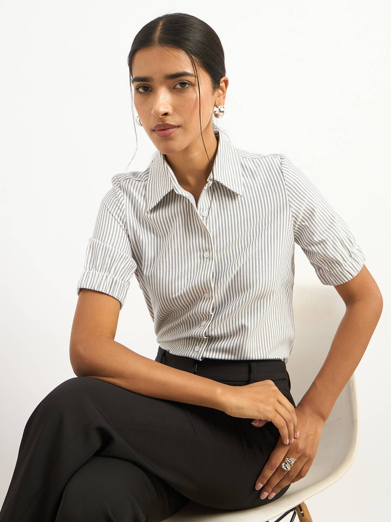 Sabine Puff Sleeve Shirt - Grey Stripe