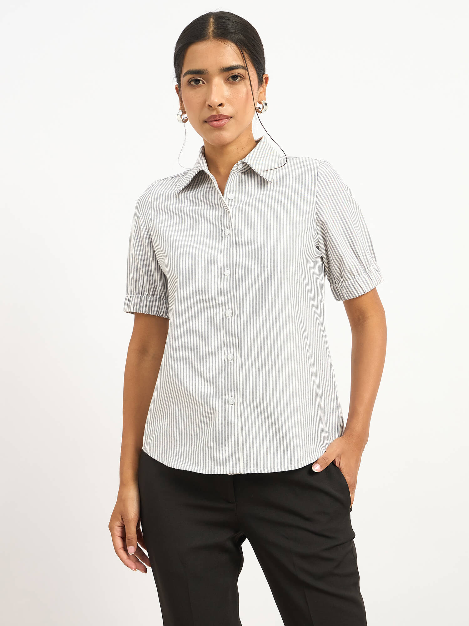 Sabine Puff Sleeve Shirt - Grey Stripe