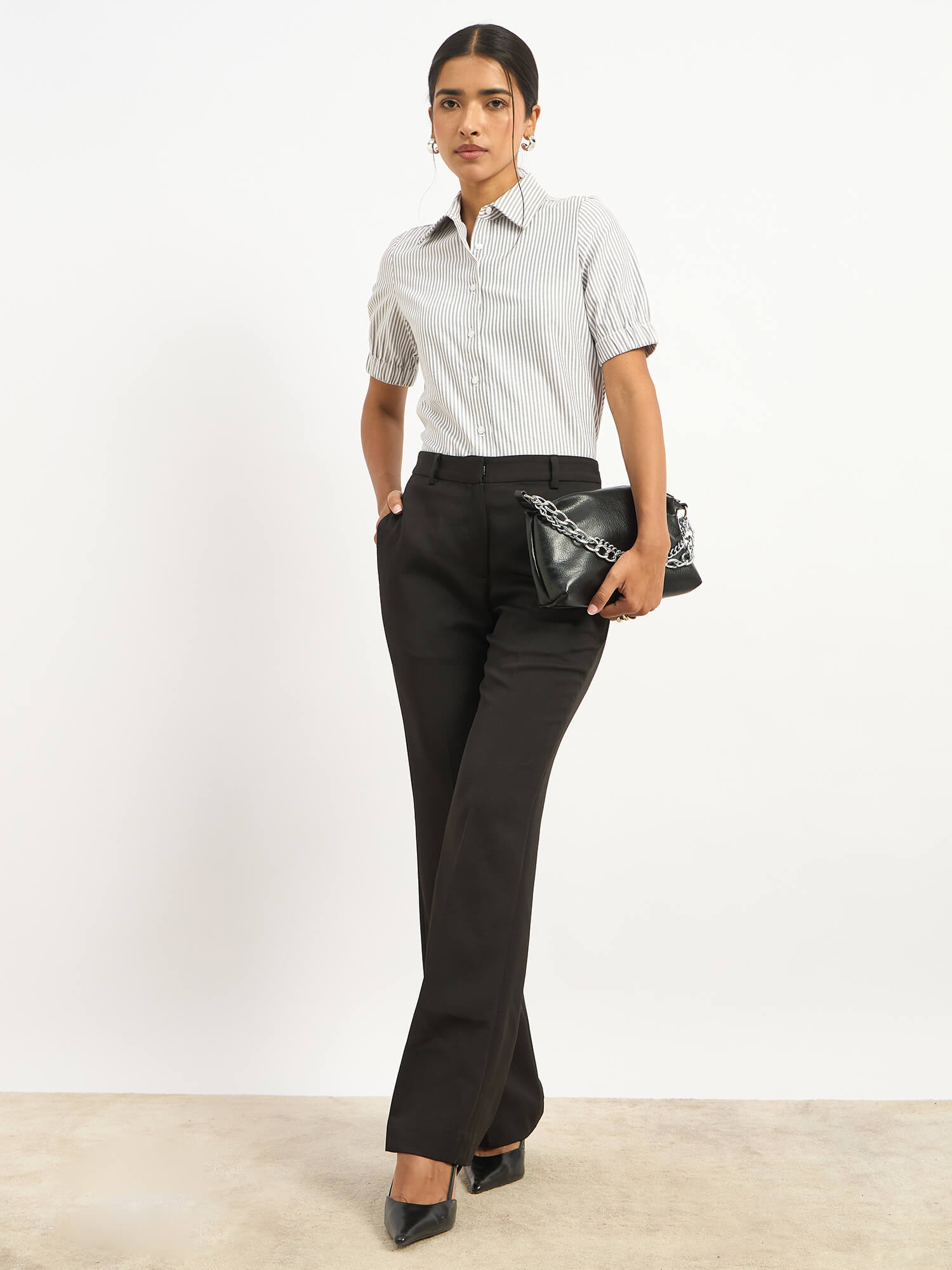 Sabine Puff Sleeve Shirt - Grey Stripe