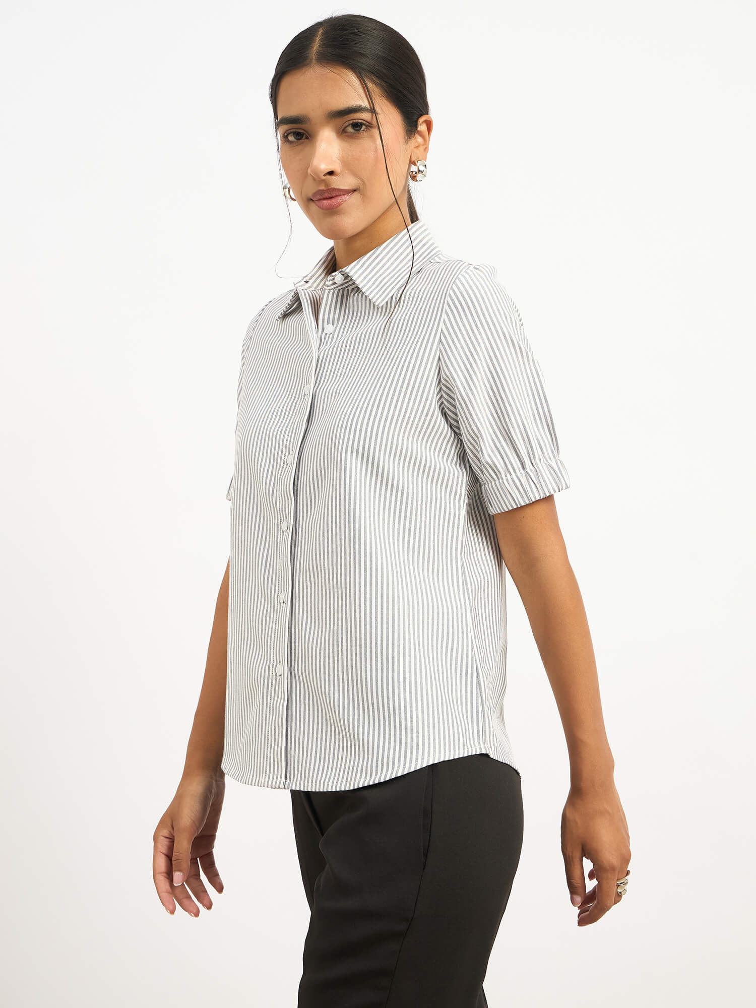 Sabine Puff Sleeve Shirt - Grey Stripe