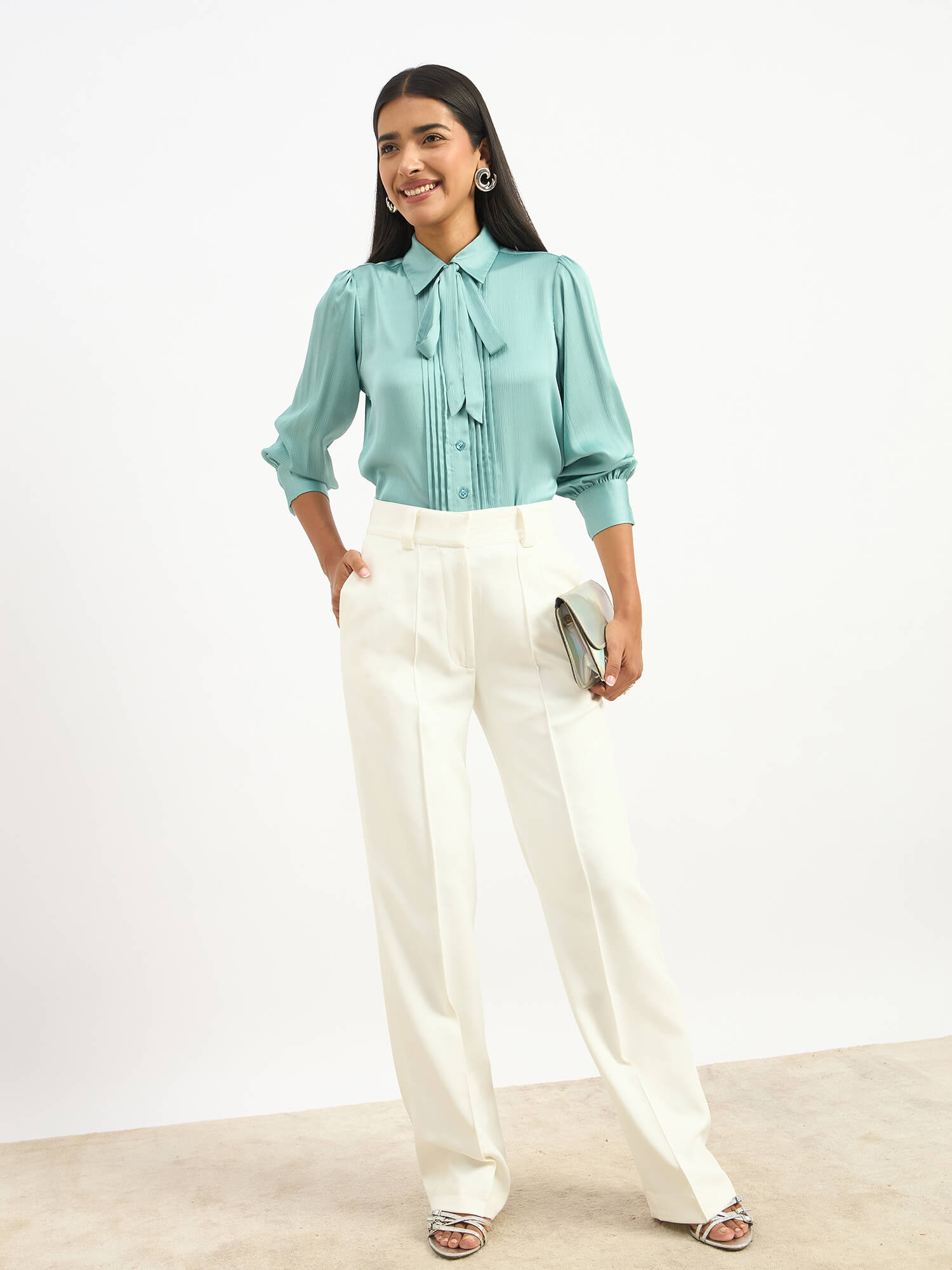 Seaglass Pleated Tie Up Top - Seagreen - SALT Attire