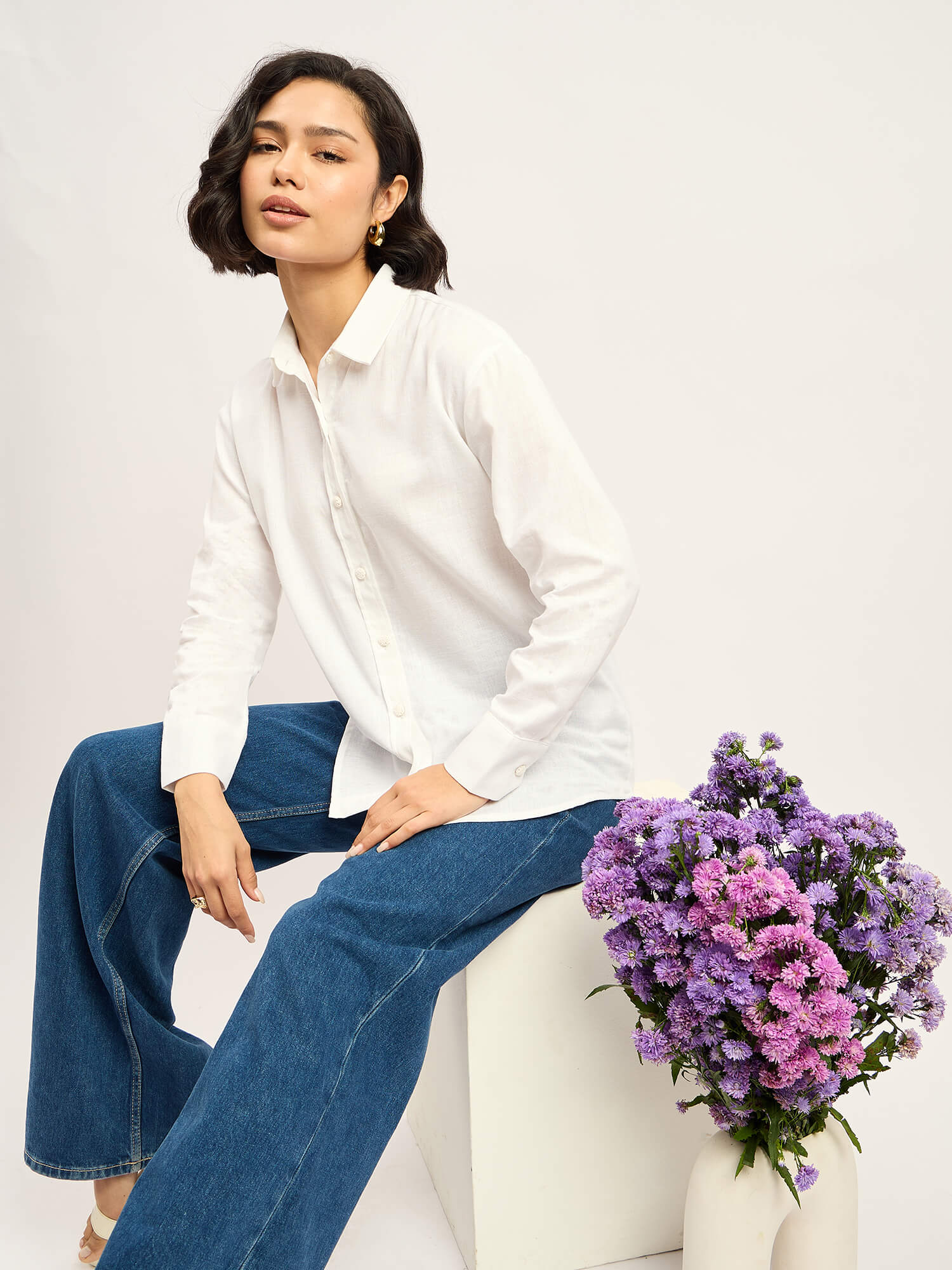 Mallow Drop Shoulder Button Down Shirt - White