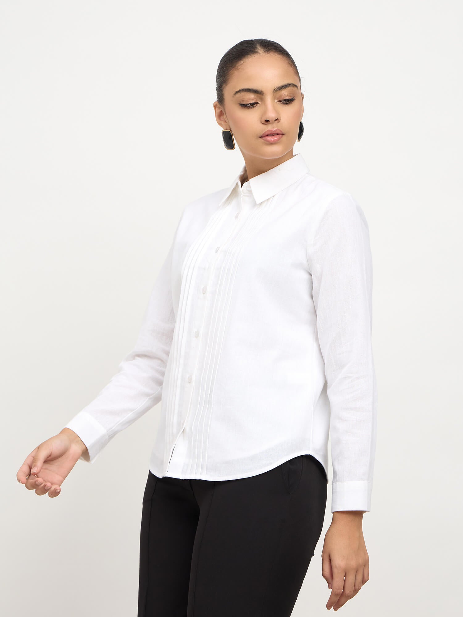 Areum Pintuck Detail Cotton Shirt-White