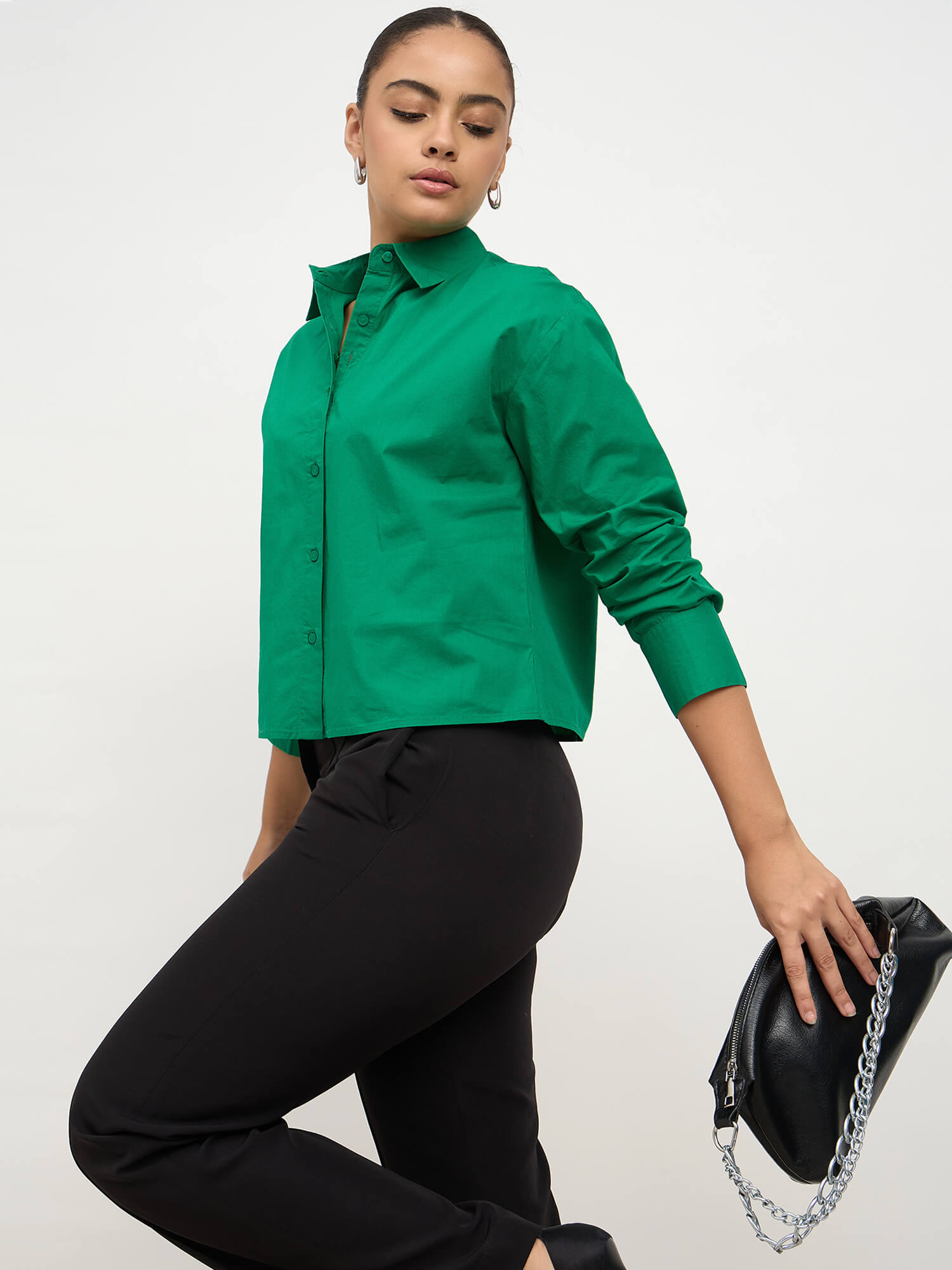Solith Collared Cropped Shirt-Green - SALT Attire