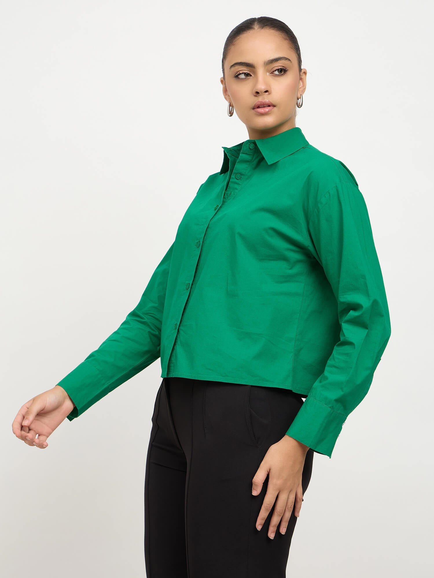Solith Collared Cropped Shirt-Green - SALT Attire