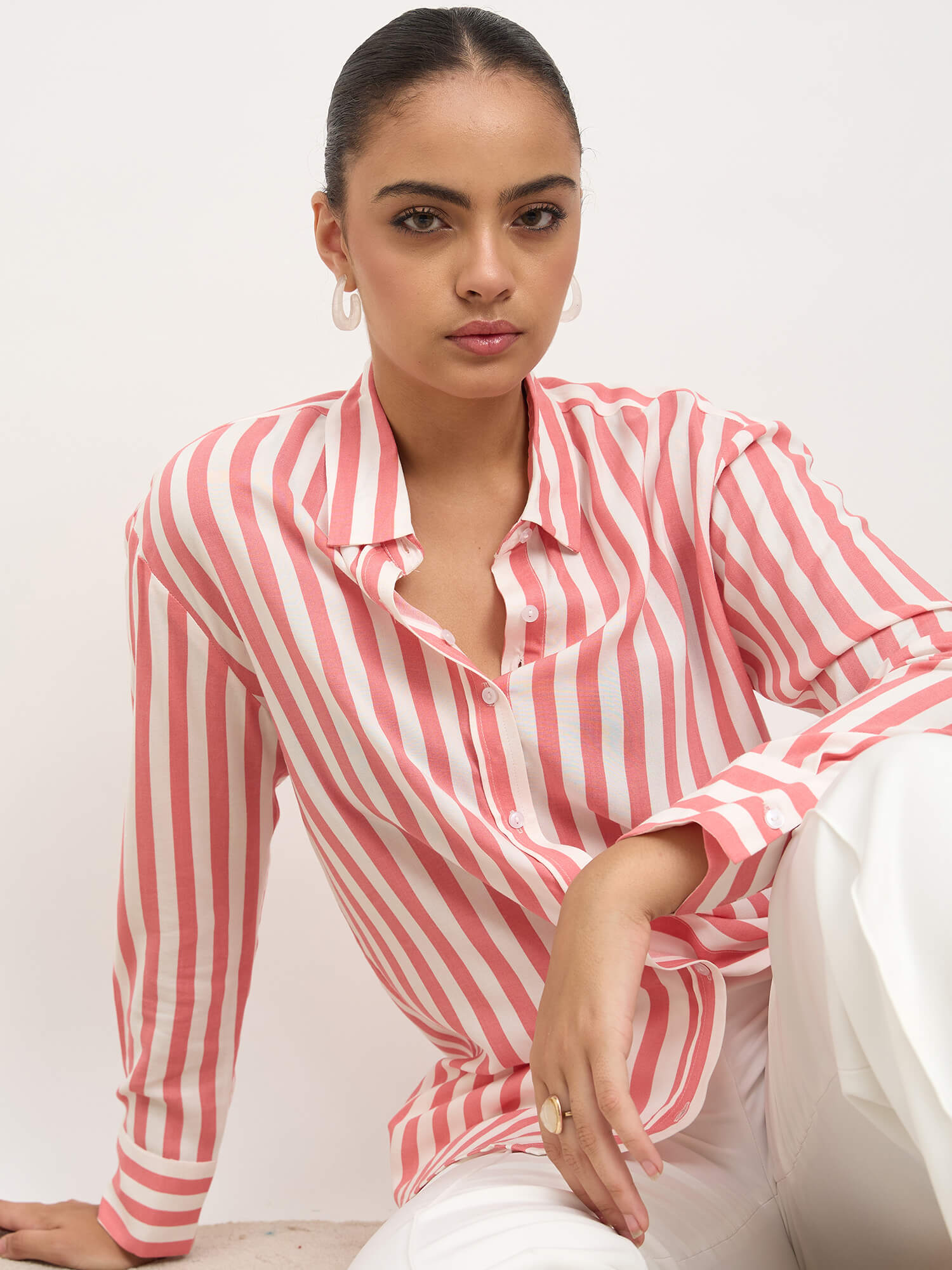 Fiora Oversized Shirt-Pink & White