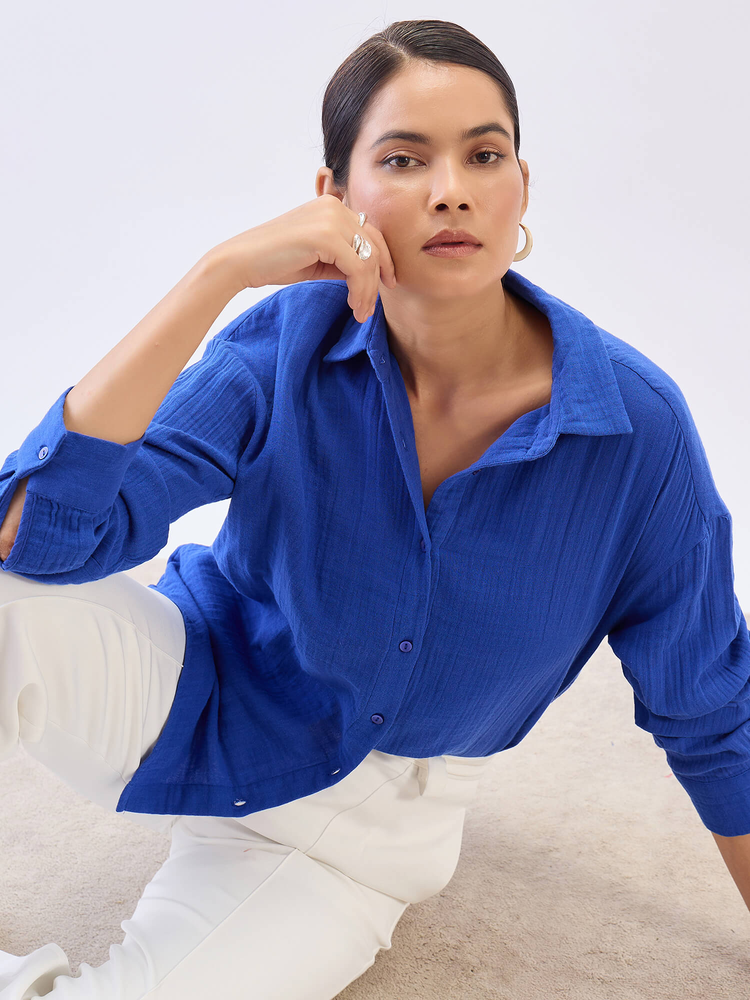 Solace Oversize Drop Shoulder Shirt-Cobalt Blue