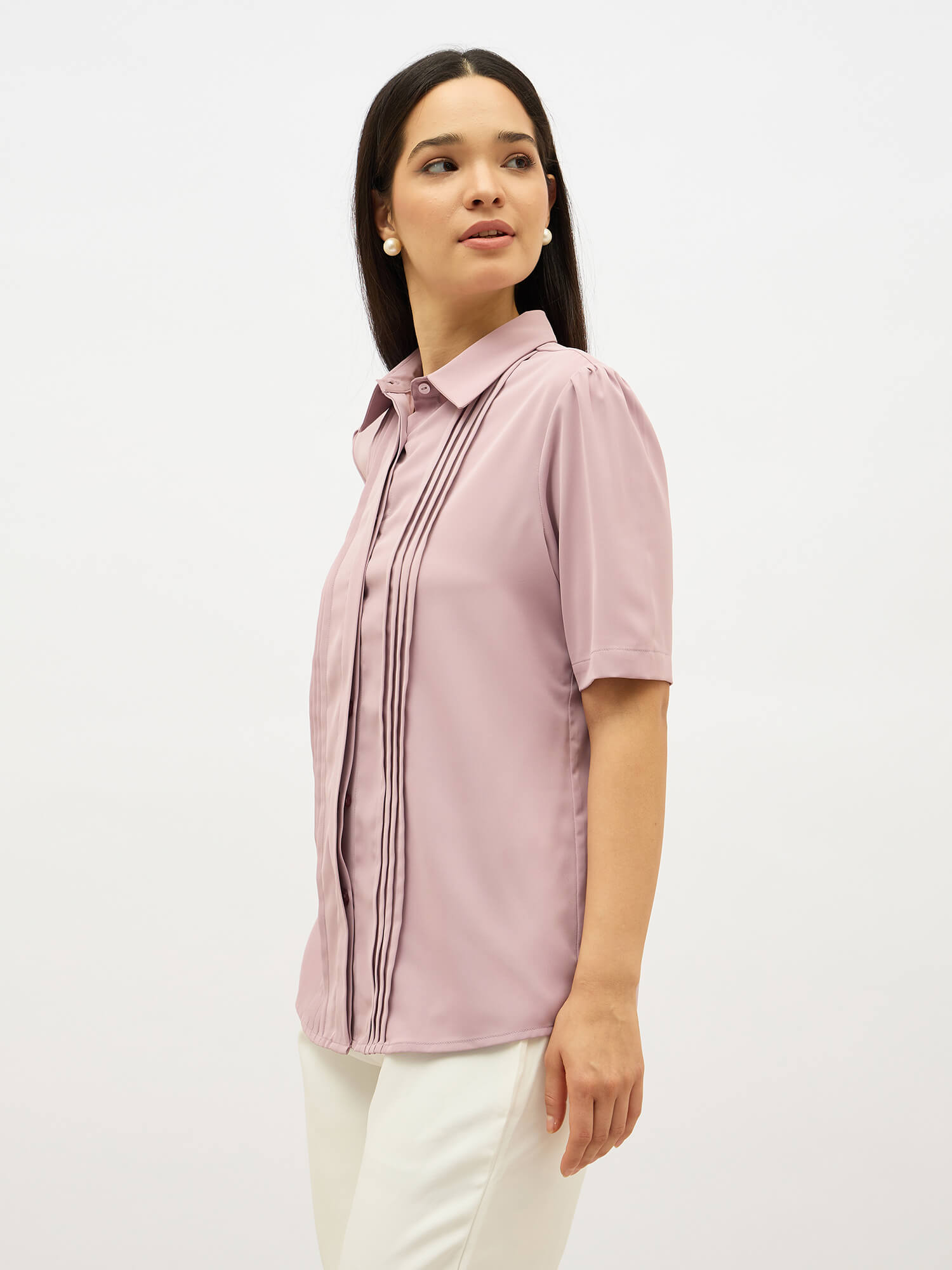 Becca Front Pleat Button Down Top-Dusty Mauve