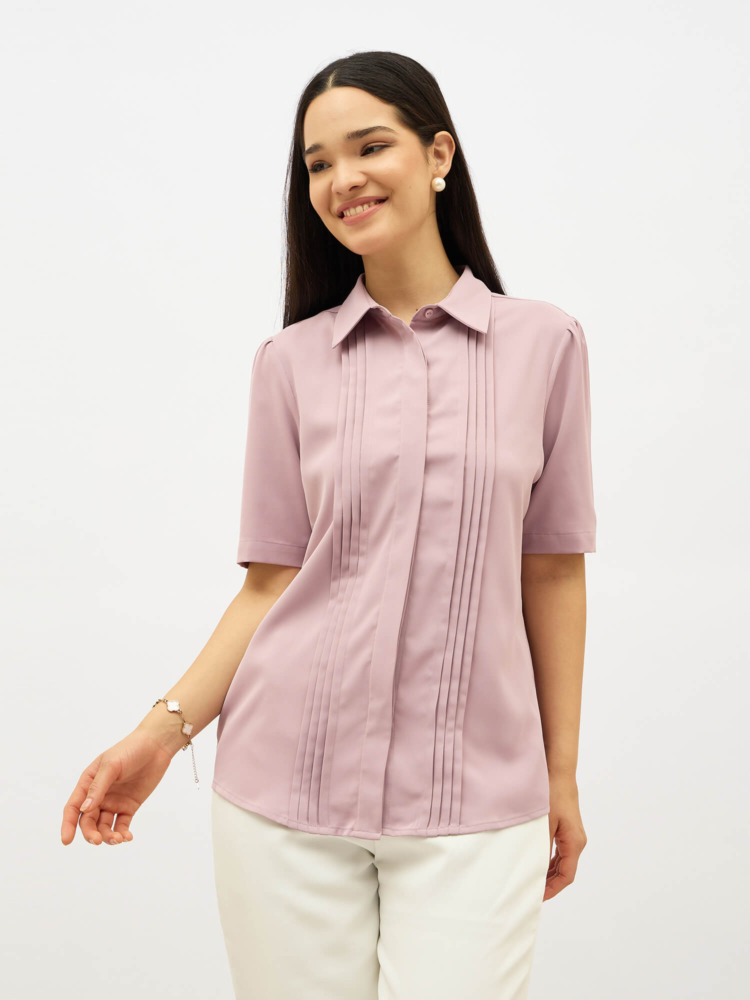 Becca Front Pleat Button Down Top-Dusty Mauve