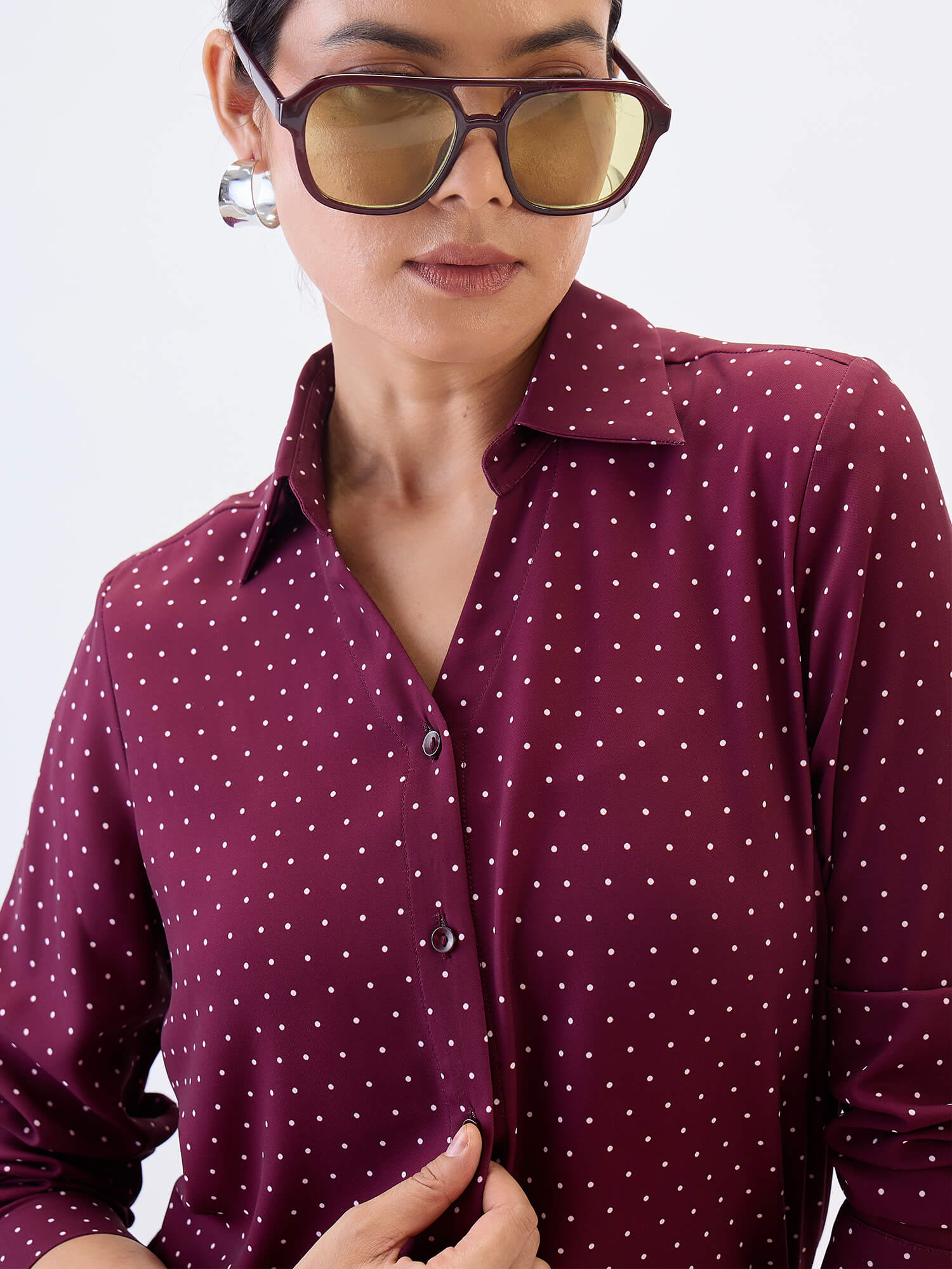 Cheryl Collared V-neck Shirt-Wine