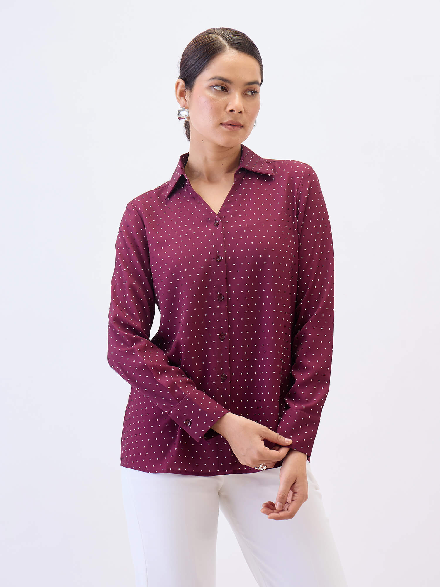 Cheryl Collared V-neck Shirt-Wine