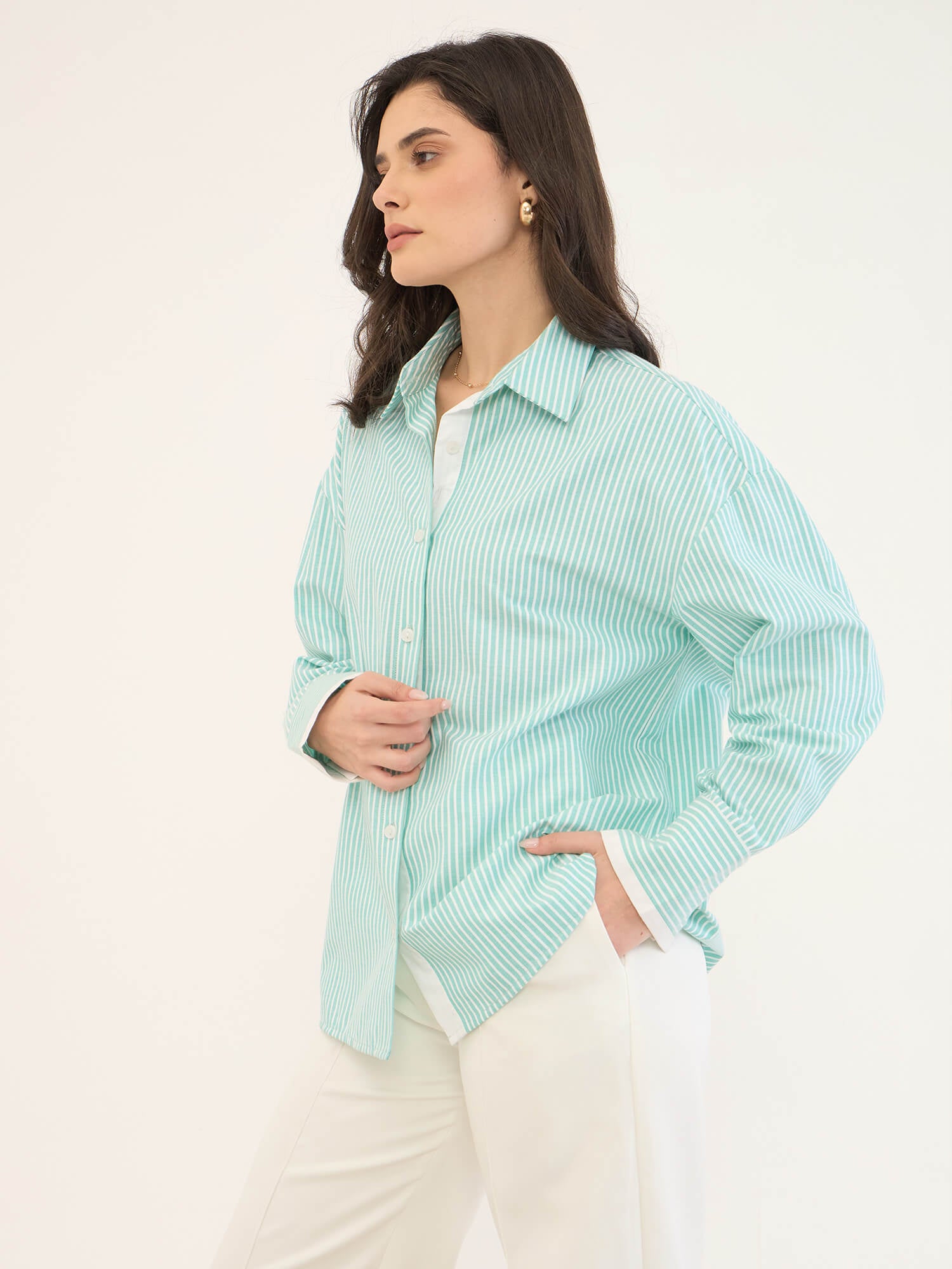 Mavira Oversize Drop Shoulder Shirt-Green & White