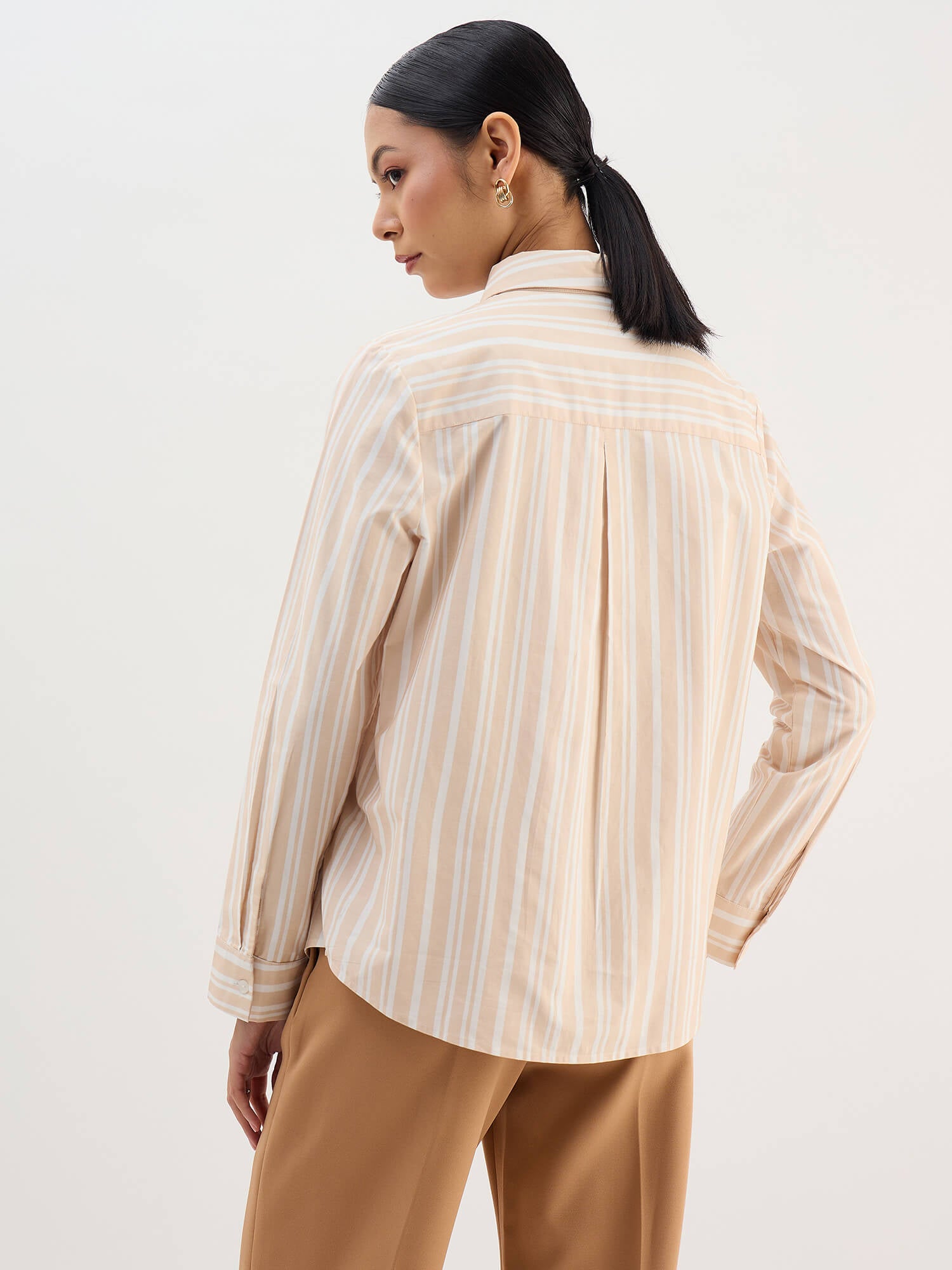 Azella-Beige Stripes Relax Fit Shirt-Beige