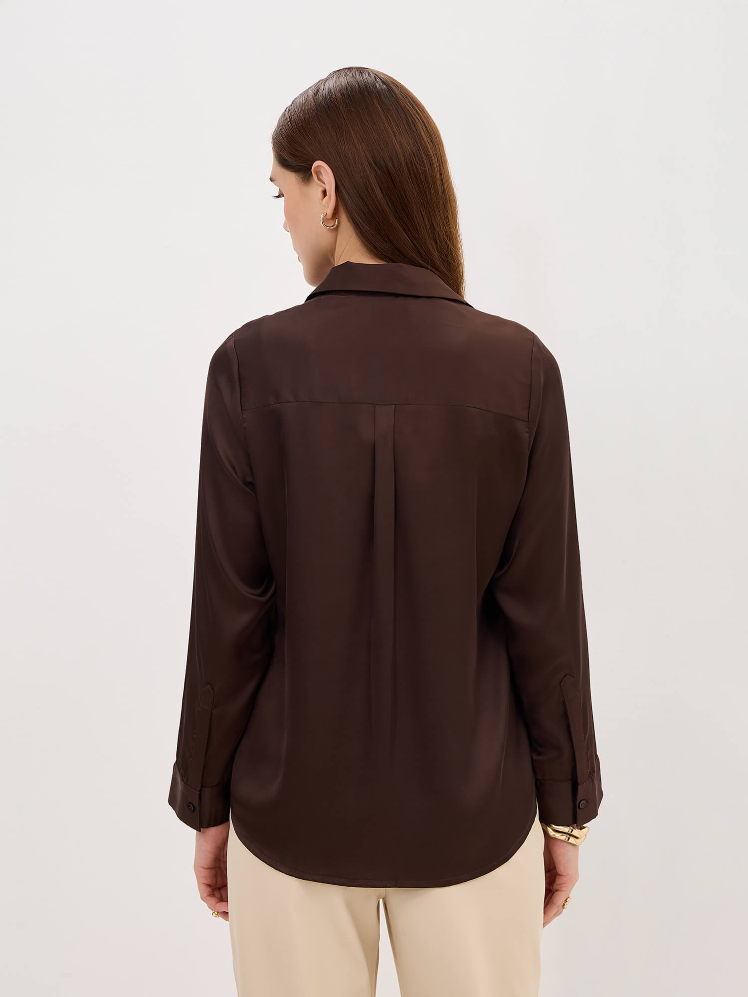 Renee Satin V Neck Shirt-Brown