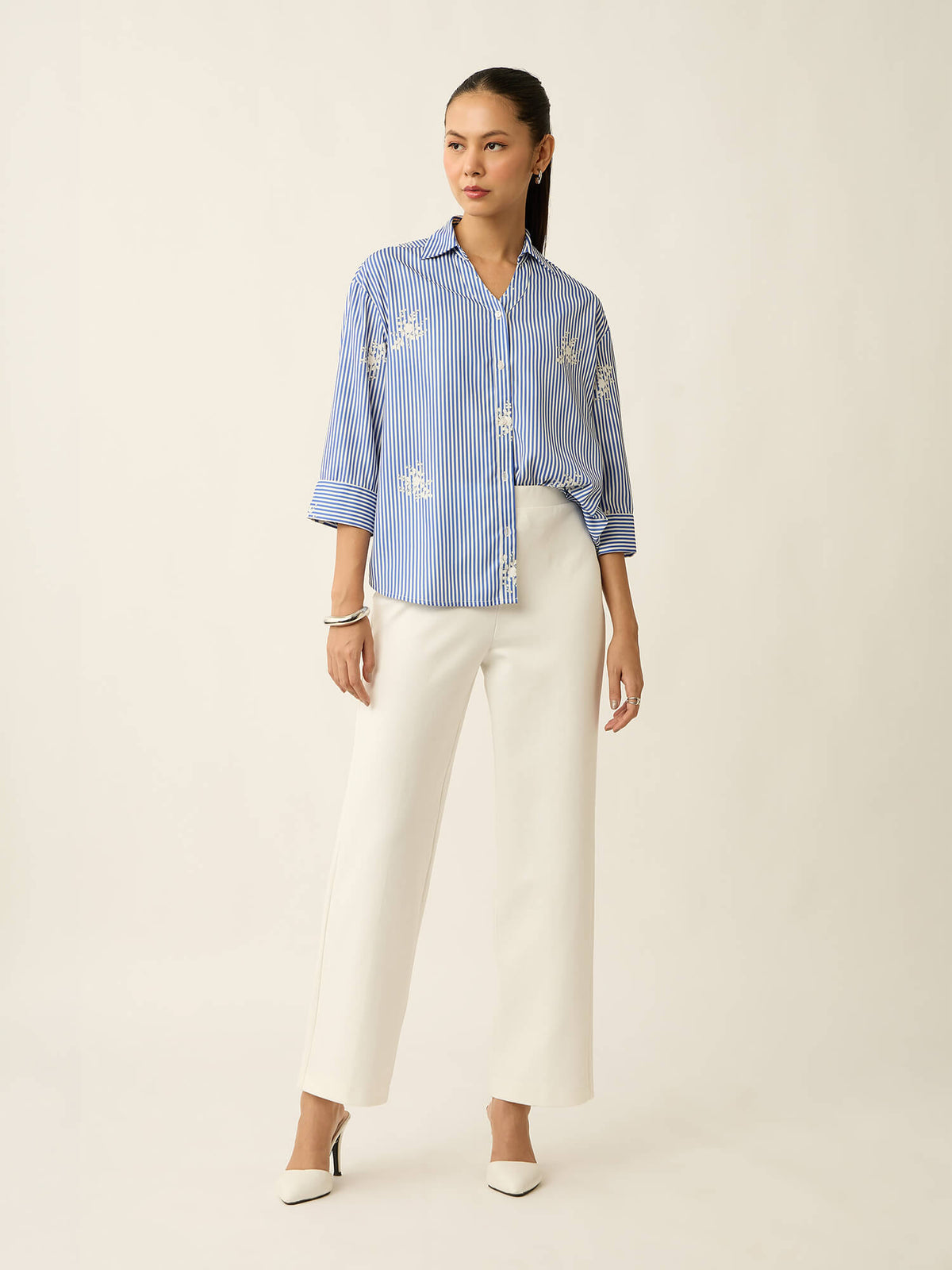 Meadow-Floral Stripe Printed Relaxed Shirt-Blue