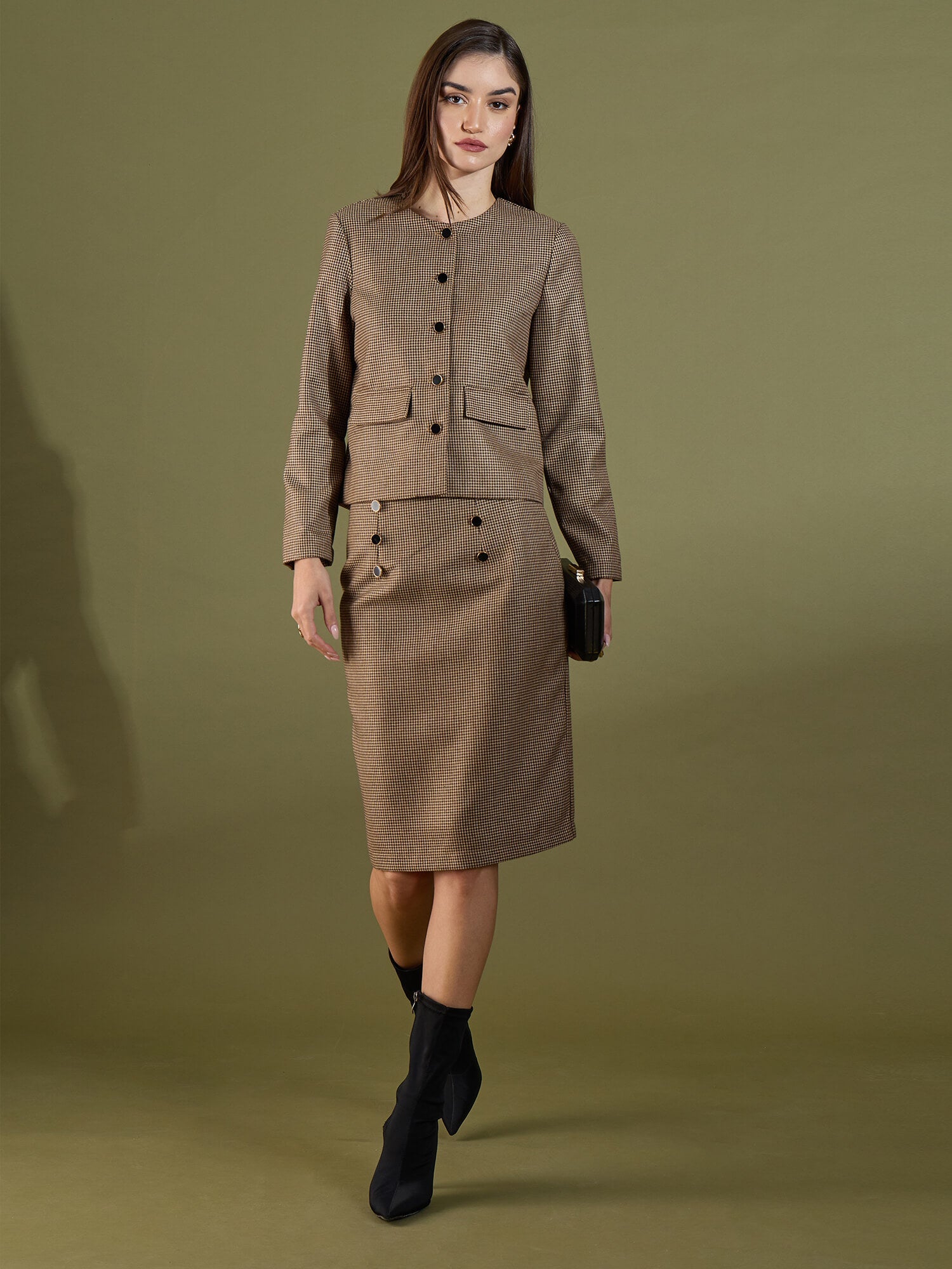 Tinsley Embellished Tweed Skirt-Beige & Brown