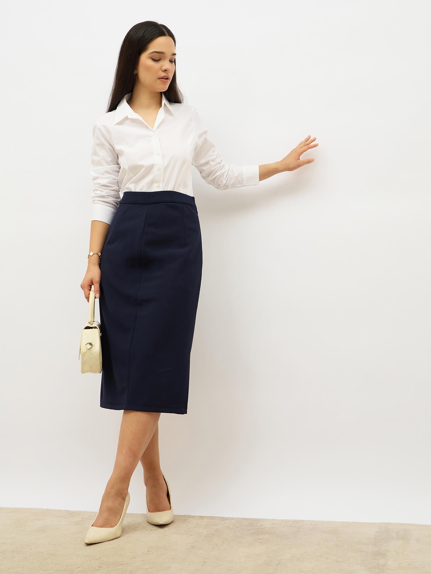 Ardor Pencil Fit Skirt-Navy
