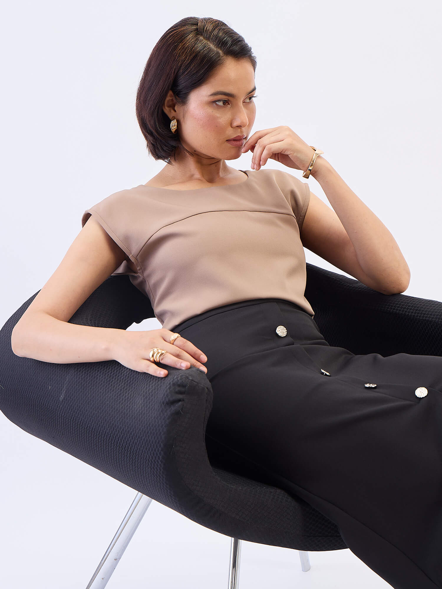 Norman Metallic Button Skirt-Black